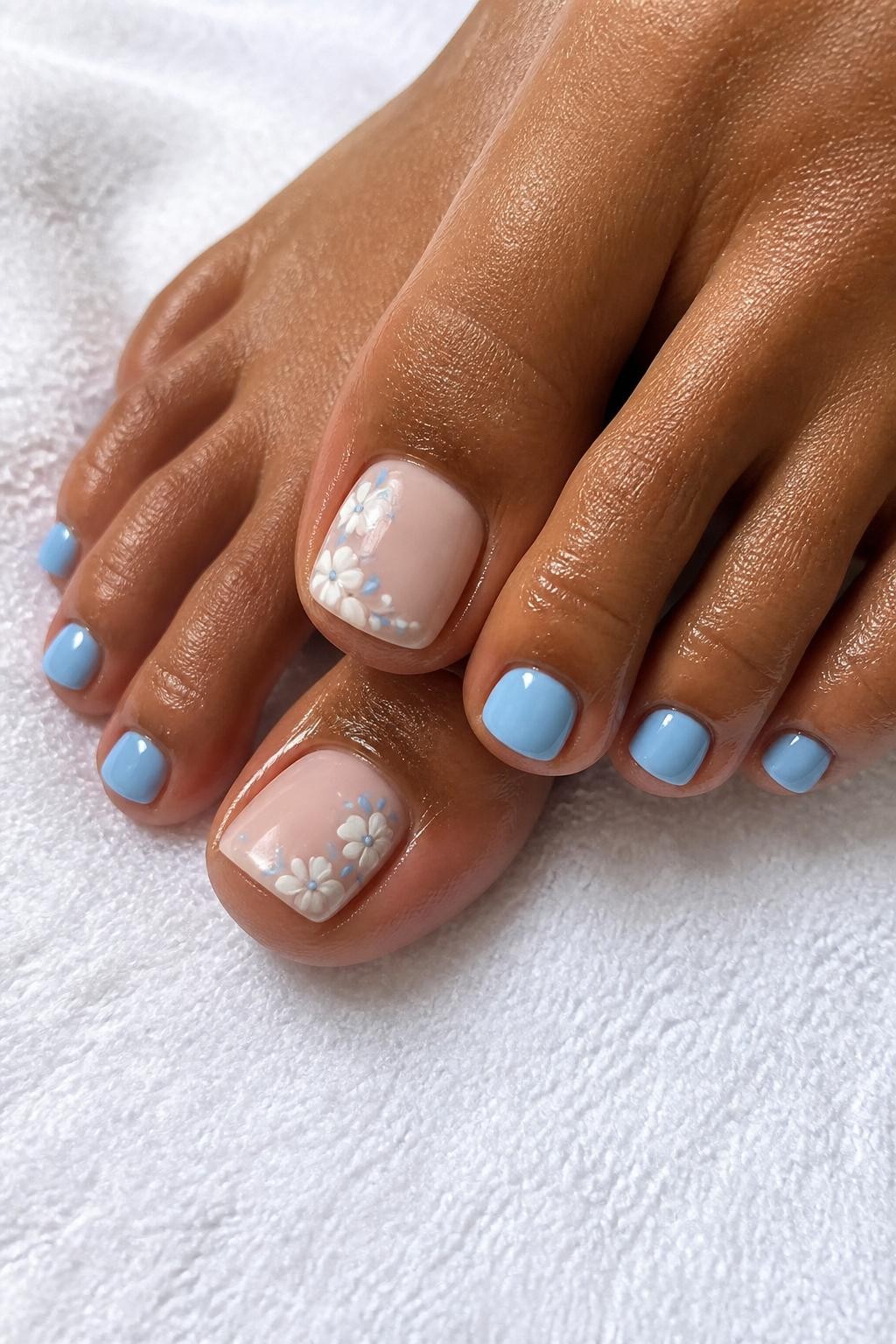 Close-up DSLR photo of a pedicure on caramel brown skin, glossy pastel blue polish on smaller toes, creamy nude big toenails with tiny white and pale blue floral nail art, feet resting on a clean white towel, natural daylight, realistic skin texture, no face visible.