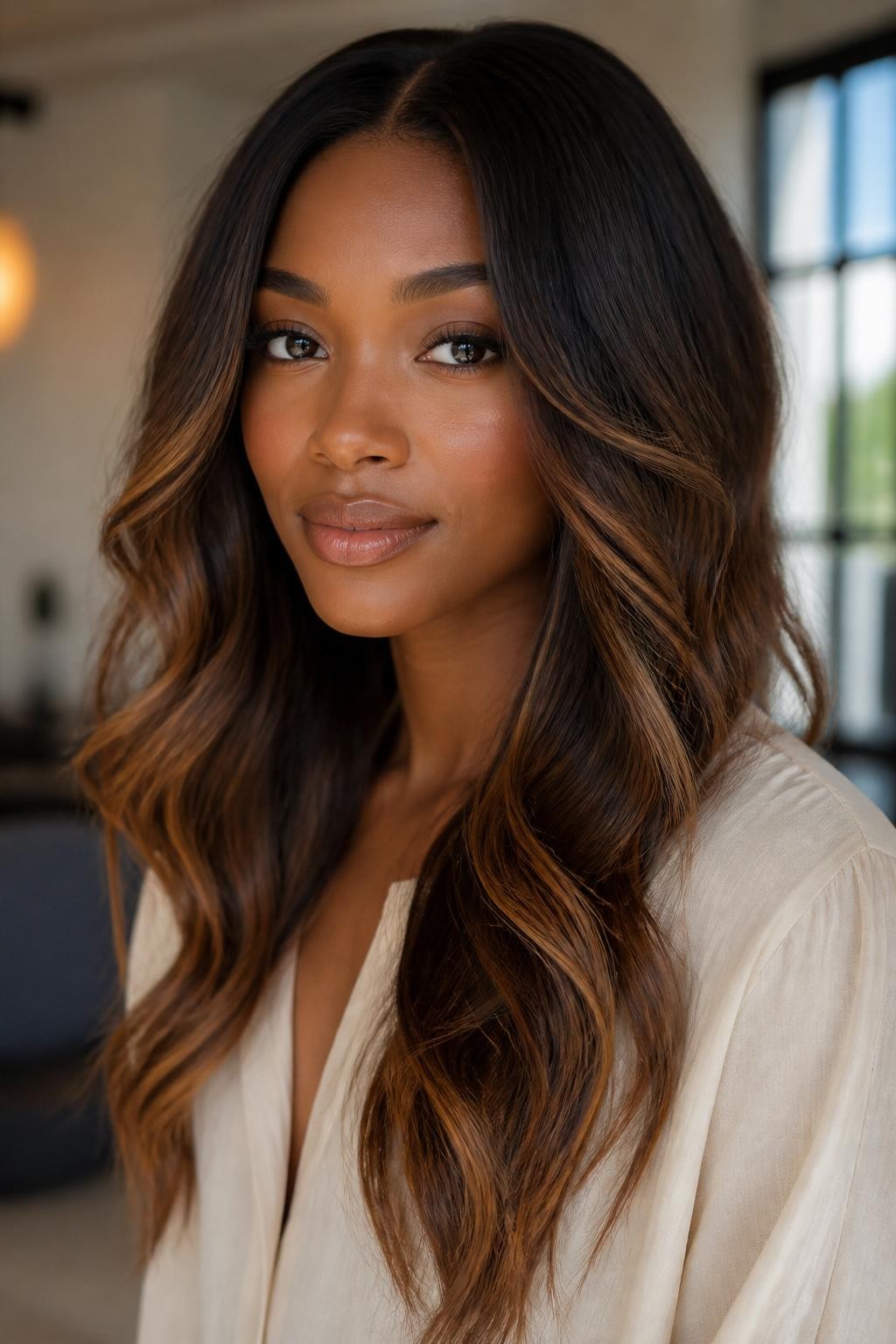 Image Prompt: A gorgeous Black woman with long dark brown hair and golden brown balayage, soft hand-painted warm brown pieces through the mid-lengths and ends, loose waves, medium-brown skin, natural glowing makeup, cream blouse, modern indoor background, soft window light, realistic editorial beauty portrait, smooth color blend, no text, (no watermarks on images)