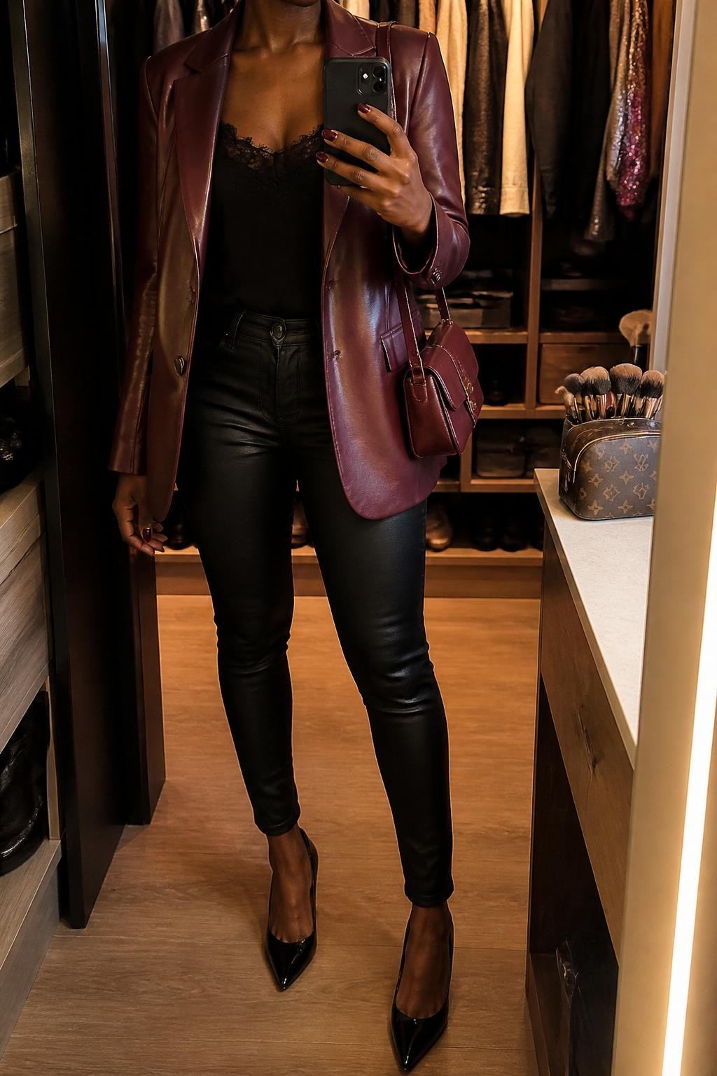 mirror selfie of a Black woman wearing the exact outfit described above, clearly showing a cranberry faux leather blazer, black lace cami, black coated skinny jeans, black pointed heels, and cranberry mini shoulder bag, holding a phone in front of a mirror, cropped at NECK so the face does not show, with a confident casual selfie pose, in a walk-in closet mirror, warm moody lighting, including an open closet with clothes visible and a makeup brush or cosmetic bag on the counter, latest iPhone photo quality.