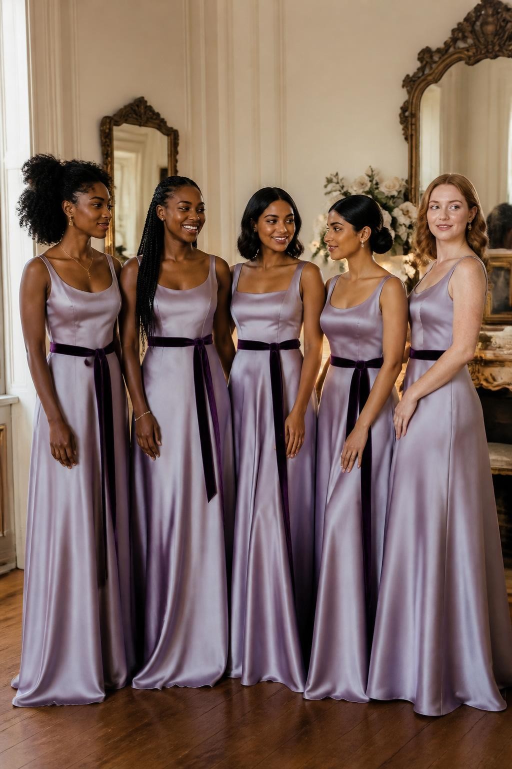 Realistic editorial wedding photograph of five bridesmaids wearing lilac satin gowns with clean scoop and square necklines, fitted elongated bodices, fluid A-line skirts, and narrow deep-plum velvet ribbons tied at the waist or into small trailing bows at the back, women with deep ebony, dark warm brown, caramel, South Asian olive, and fair freckled skin tones, naturally varied body shapes and heights, bright confident faces with realistic skin texture and individual makeup, hairstyles including natural curls, long braids, short bob, polished bun, and soft waves, standing in a romantic estate salon with cream walls, antique mirrors, ivory flowers, and soft window light, realistic contrast between the matte velvet ribbons and glossy satin, natural dress folds, precise but believable bow shapes, and relaxed poses.