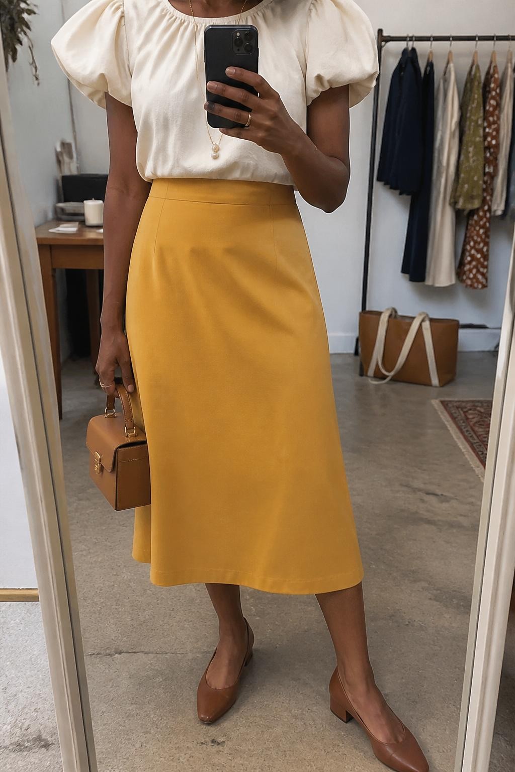 mirror selfie of a Black woman wearing the exact outfit described above, clearly showing a cream puff-sleeve blouse tucked into a mustard A-line midi skirt, brown low heels, a tan box bag, and a pearl pendant necklace, holding a phone in front of a mirror, cropped at NECK so the face does not show, with a relaxed casual selfie pose, in a fashion studio mirror corner, soft indoor lighting, with clothing rack with garments behind and a tote bag resting on the floor, latest iPhone photo quality.