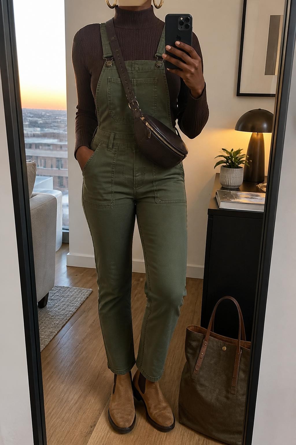 Mirror selfie of a Black woman wearing fitted olive green utility overalls over a chocolate brown mock-neck sweater, clearly showing tan suede Chelsea boots, a dark brown leather belt bag worn across the body, and chunky gold hoop earrings, holding an iPhone in front of a stylish city apartment mirror, cropped at the neck so the face does not show, relaxed casual selfie pose, evening golden hour light, a tote bag resting on the floor and a small plant on a dresser, natural unstaged setting, latest iPhone photo quality.