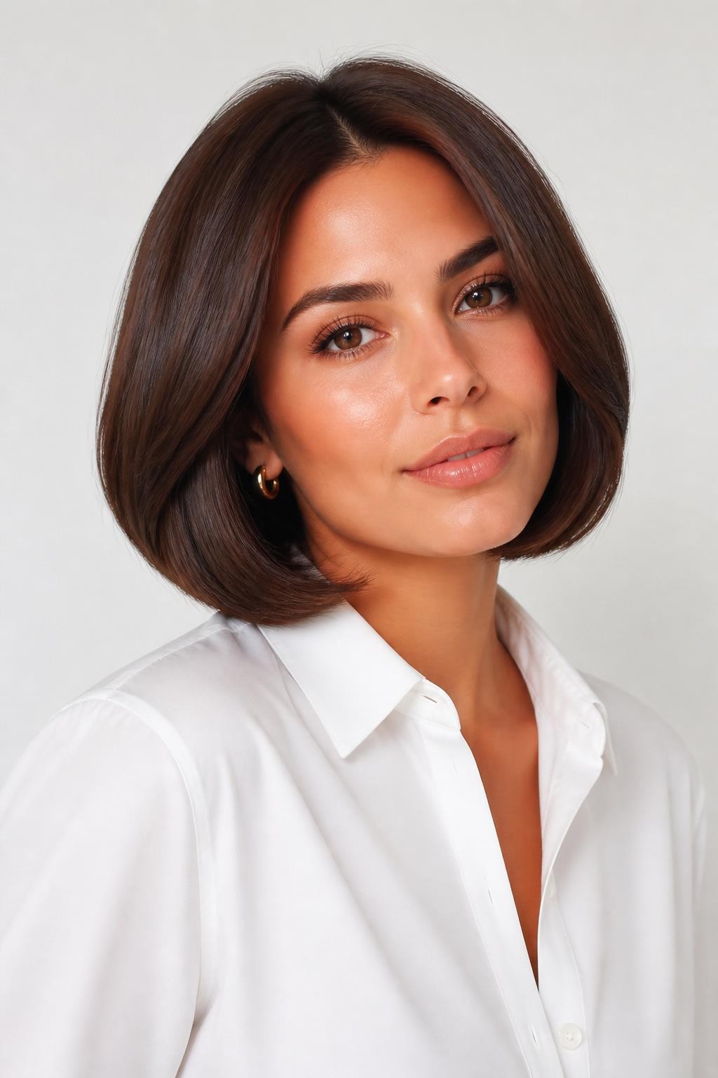 Image Prompt: A pretty woman with a chin-length brownie batter bob, smooth rounded bob shape with a soft bend at the ends, rich chocolate brown hair color with glossy shine, medium skin tone, fresh natural makeup, glossy nude lips, small gold earrings, white button-up shirt, bright clean studio background, soft flattering lighting, realistic beauty editorial photography, detailed bob shape and brunette shine, no text, (no watermarks on images)