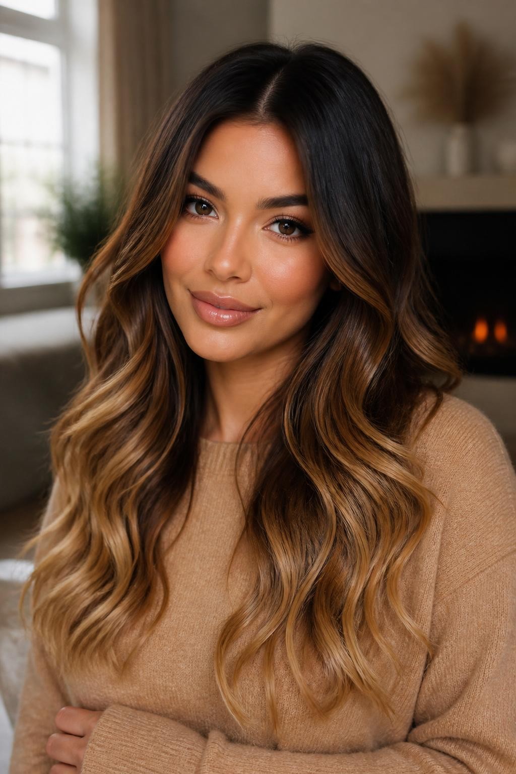 Image Prompt: A beautiful woman with long dark brown hair fading into teddy bear blonde-brown ends, glossy brunette roots and mid-lengths blending into soft beige caramel brown tips, loose waves, warm medium skin tone, natural glam makeup, nude gloss, camel sweater, cozy indoor background, soft natural window light, realistic DSLR beauty editorial photo, smooth warm color transition, no text, (no watermarks on images)