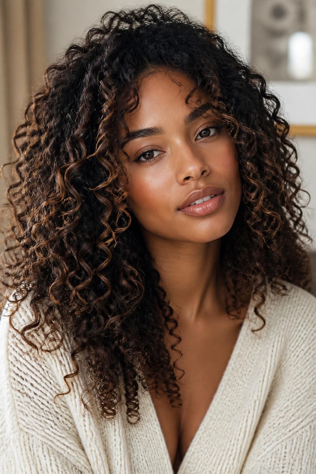 Image Prompt: A beautiful woman with dark curly hair and light golden brown highlights, rich black-brown base with soft golden brown pieces throughout the curls and around the face, defined curl pattern with shine, warm brown skin, natural glowing makeup, glossy nude lips, cream cardigan, soft indoor setting with neutral background, diffused daylight, realistic beauty editorial portrait, close-up detailed hair texture and highlight contrast, no text, (no watermarks on images)