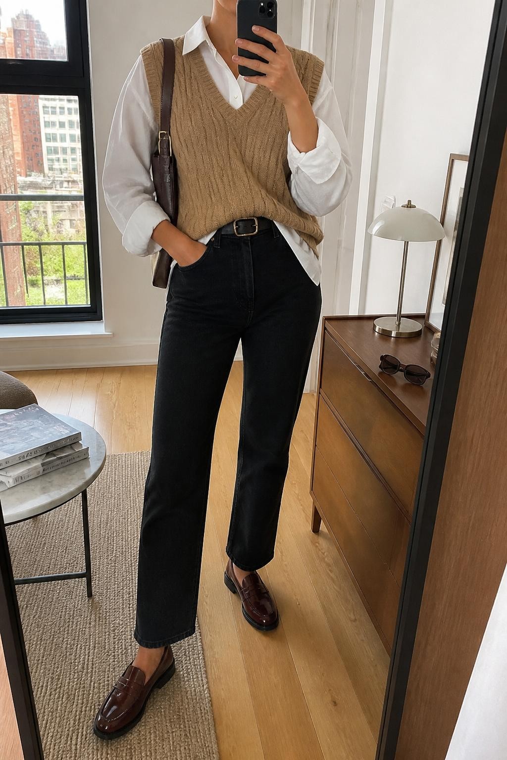 Mirror selfie of a woman wearing a camel cable-knit sweater vest layered over a crisp white oversized button-front shirt, black high-waisted straight-leg jeans, burgundy leather loafers, and a structured dark brown shoulder bag, clearly showing the exact clothing items, colors, fabrics, and accessories listed, holding a phone in front of a stylish city apartment mirror, cropped at the neck so the face does not show, relaxed casual selfie pose, natural window light, sunglasses placed on a dresser and a stack of fashion magazines on a side table, natural and uncluttered, latest iPhone photo quality.