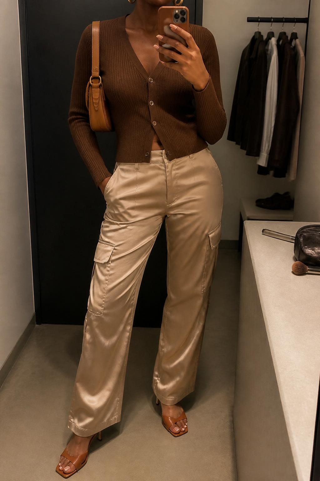 mirror selfie of a Black woman wearing a brown ribbed button-up cardigan, champagne satin cargo pants, brown heeled mules, gold hoop earrings, and a caramel shoulder bag, clearly showing the same clothing items, colors, fabrics, and accessories listed in the Outfit Pieces section, holding a phone in front of a mirror, cropped at NECK so the face does not show, with a relaxed casual selfie pose, in a minimal dressing room, warm moody lighting, including a makeup brush or cosmetic bag on the counter and a clothing rack with garments behind, latest iPhone photo quality.