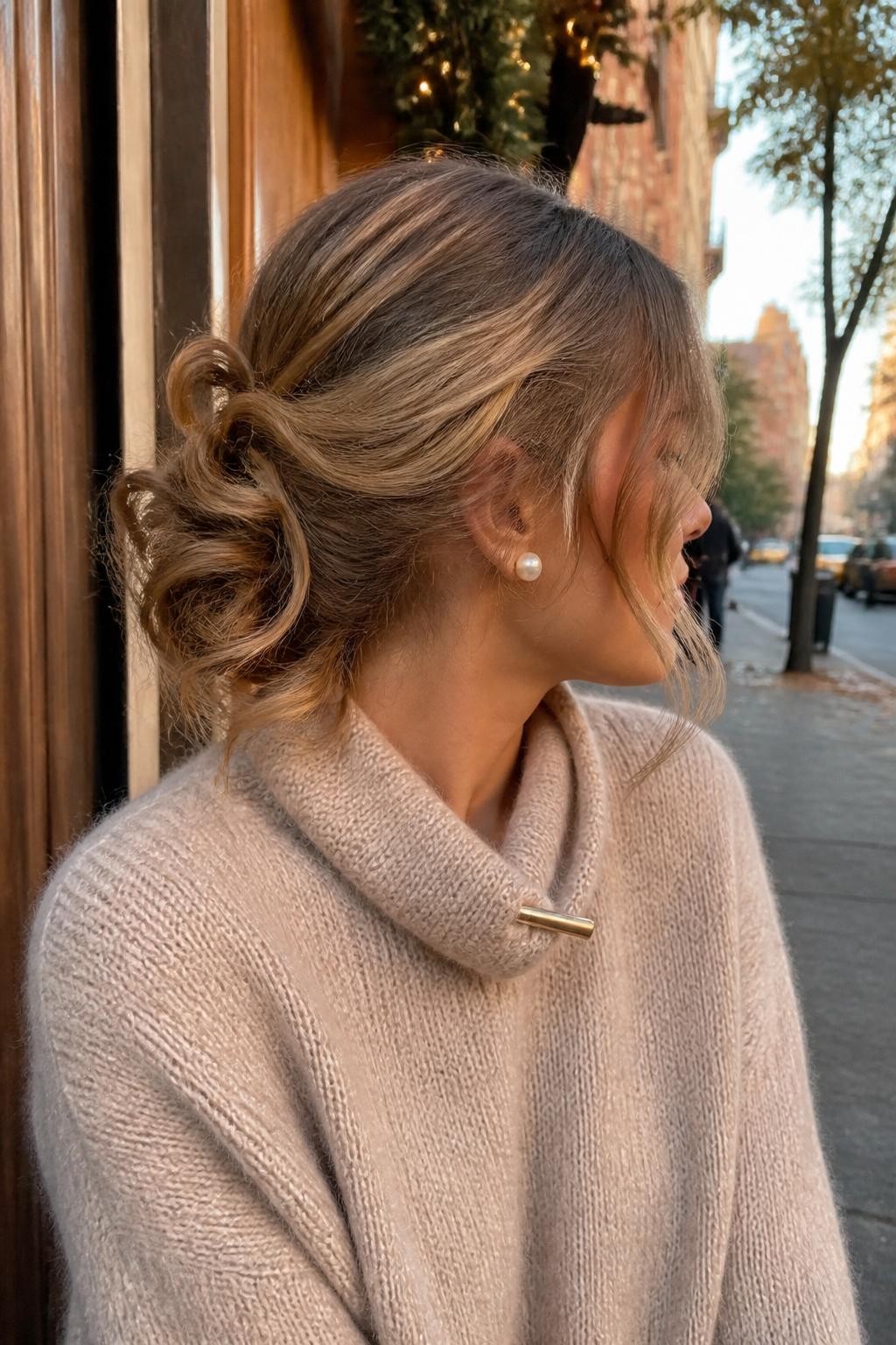Image prompt: Photo of a woman wearing a soft curly low bun with visible textured loops and loose face-framing tendrils, side profile view, softly blurred city street background outside a cozy restaurant, golden hour glow, containing pearl earrings and a slim hair clip attached to her knit collar, realistic candid fall photo, latest iPhone photo quality.