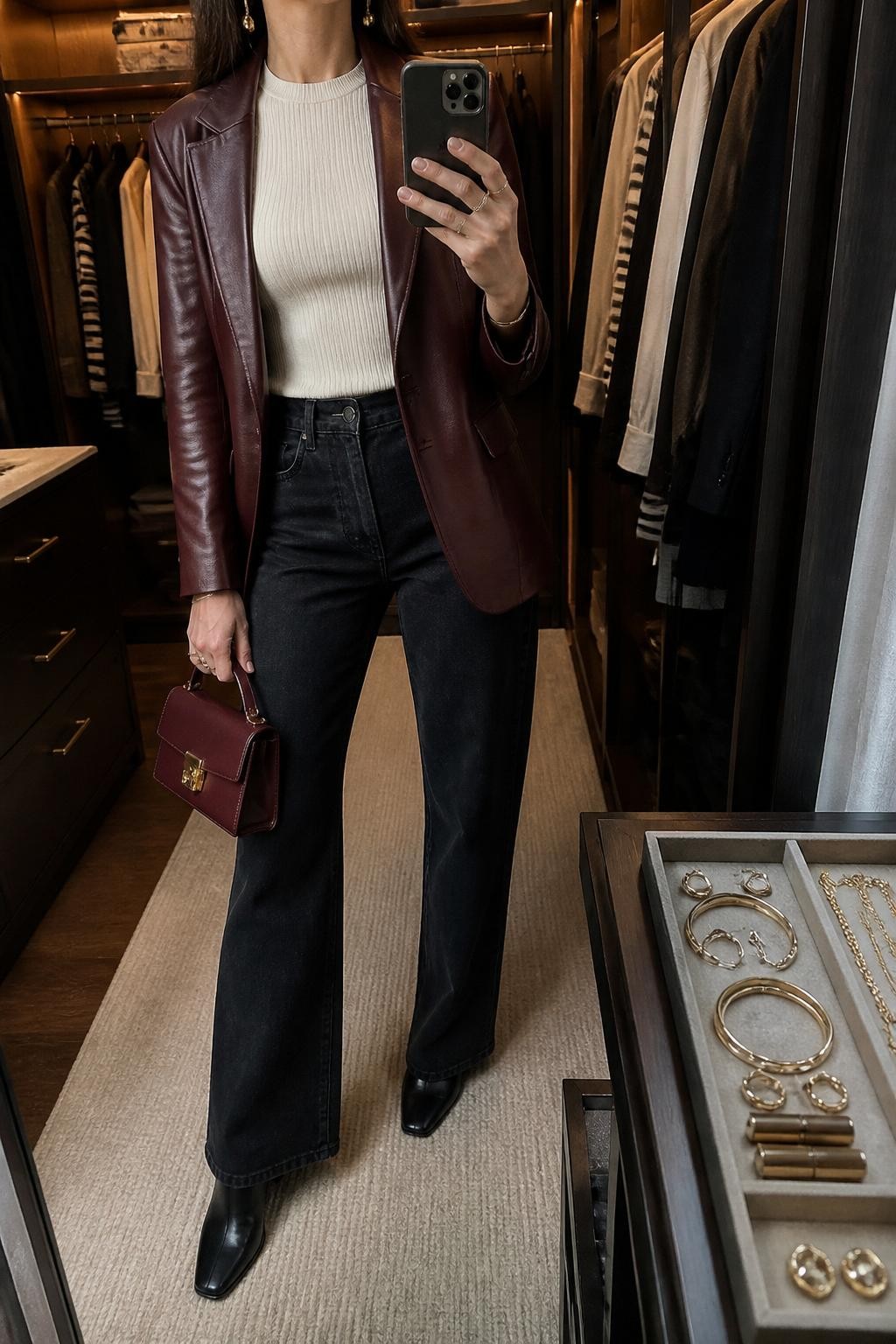 mirror selfie of a woman wearing the exact outfit described above, clearly showing black wide-leg jeans, a fitted ivory ribbed top, a burgundy leather blazer, black heeled ankle boots, a burgundy mini handbag, and gold drop earrings, holding a phone in front of a mirror, cropped at NECK so the face does not show, with a relaxed casual selfie pose, in a walk-in closet mirror, warm moody lighting, with an open closet with clothes visible and a jewelry tray on the vanity, latest iPhone photo quality.