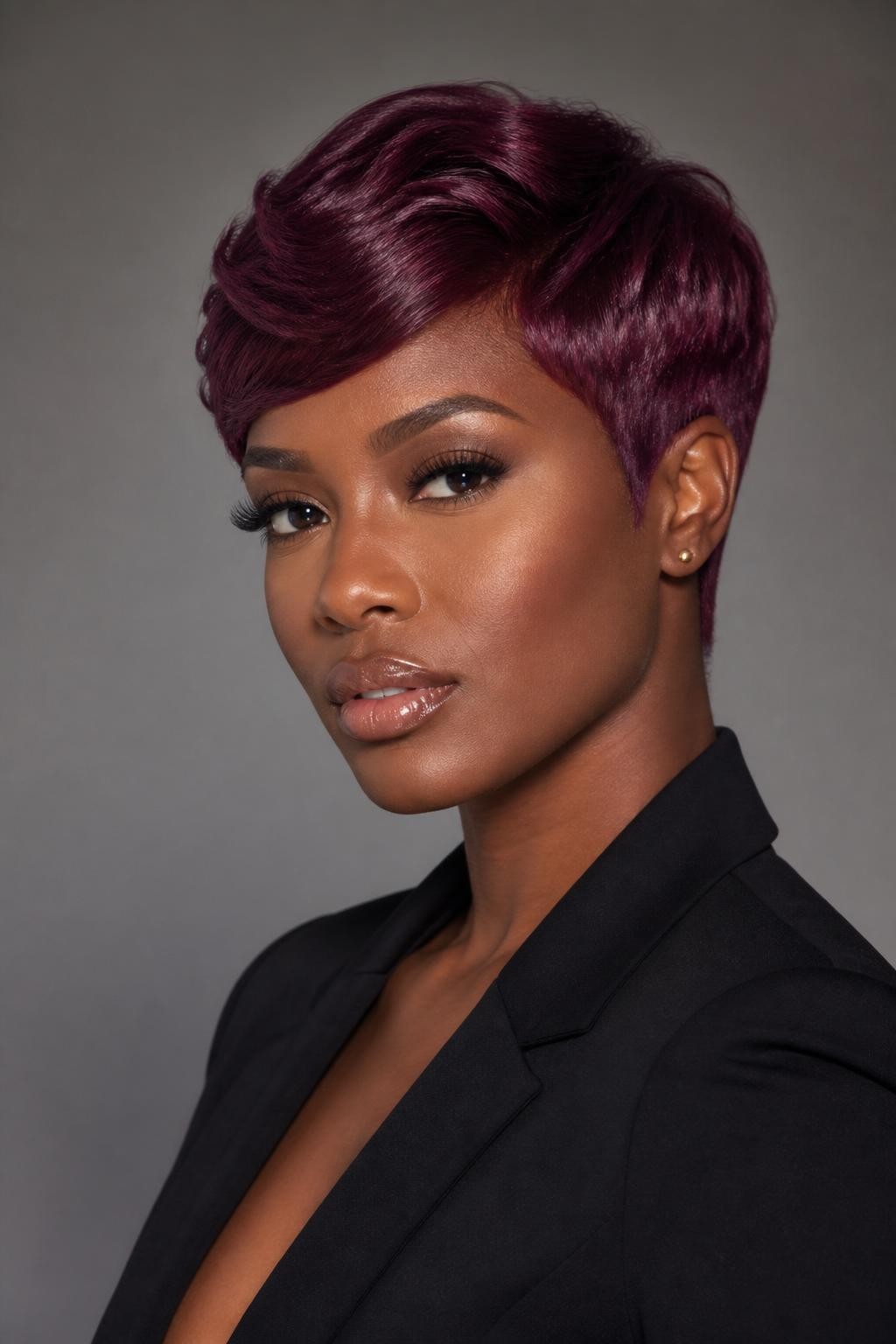 Image Prompt: A chic woman with a short berry plum pixie cut, neatly shaped sides, soft swoop at the front, rich purple-berry hair color with smooth shine, deep brown skin, defined lashes, glossy nude lip, small gold earrings, tailored black blazer, clean studio background, sharp beauty editorial photography, realistic DSLR image, no text, (no watermarks on images)