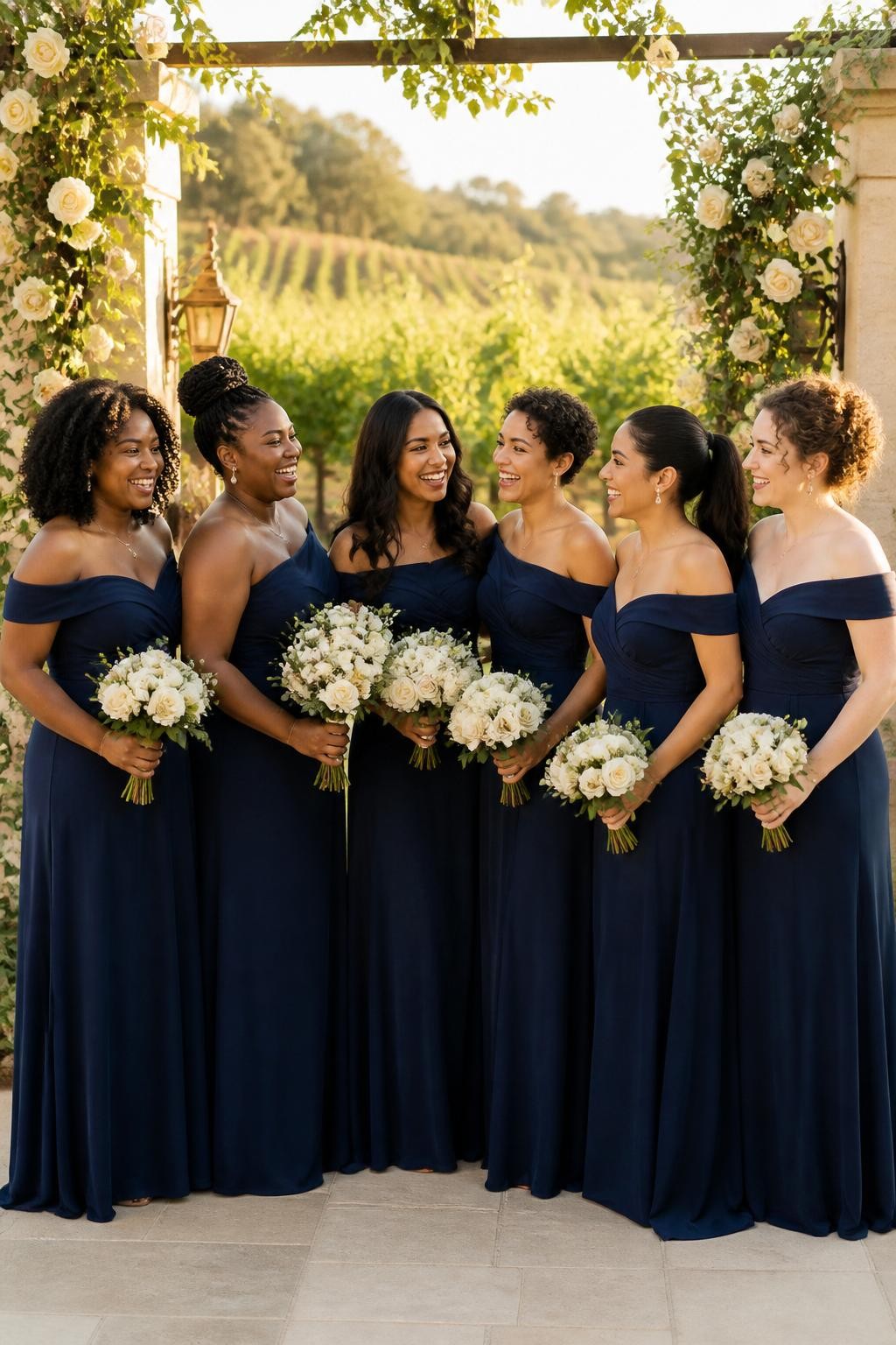 Realistic vineyard wedding photograph of six bridesmaids wearing deep navy off-shoulder gowns made from high-quality matte jersey over smooth lining, wide folded necklines sitting securely across the upper arms, diagonal draping through the bodices, softly gathered waists, and fluid floor-length skirts, women with deep ebony, rich brown, medium brown, golden tan, olive, and fair skin tones, varied ages, bust sizes, heights, and body shapes represented naturally, bright joyful faces with realistic skin texture, hairstyles including shoulder-length coils, wrapped braided bun, long waves, short curly bob, sleek ponytail, and natural curls, standing beneath an outdoor ceremony arch surrounded by ivory roses, grapevines, pale stone walls, and warm sunset light, believable fabric weight, subtle gathering, natural shadows, and candid interaction.