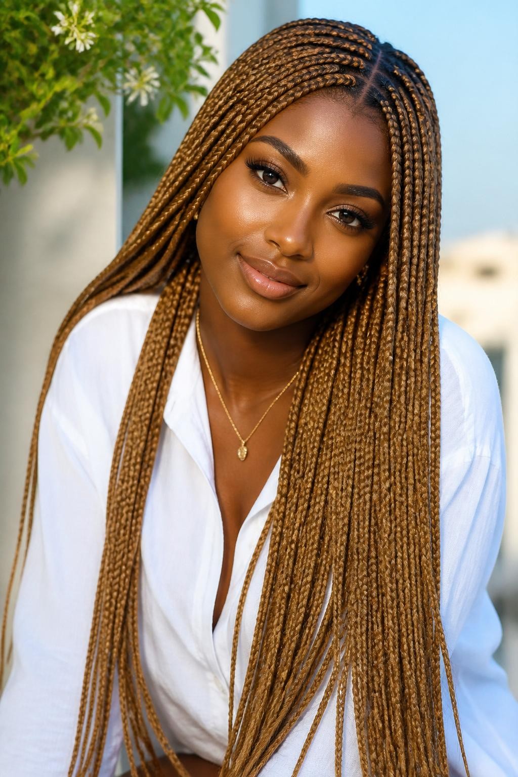 Image Prompt: A gorgeous woman with extra-long light golden brown knotless braids, lightweight natural-looking roots, clean scalp parts, smooth braids flowing over the shoulders, warm golden brown braid color, rich brown skin, soft glam makeup, glossy nude lips, delicate gold jewelry, white blouse, bright natural daylight, clean airy outdoor background, realistic beauty editorial photo, detailed braid texture, polished finish, no text, (no watermarks on images)