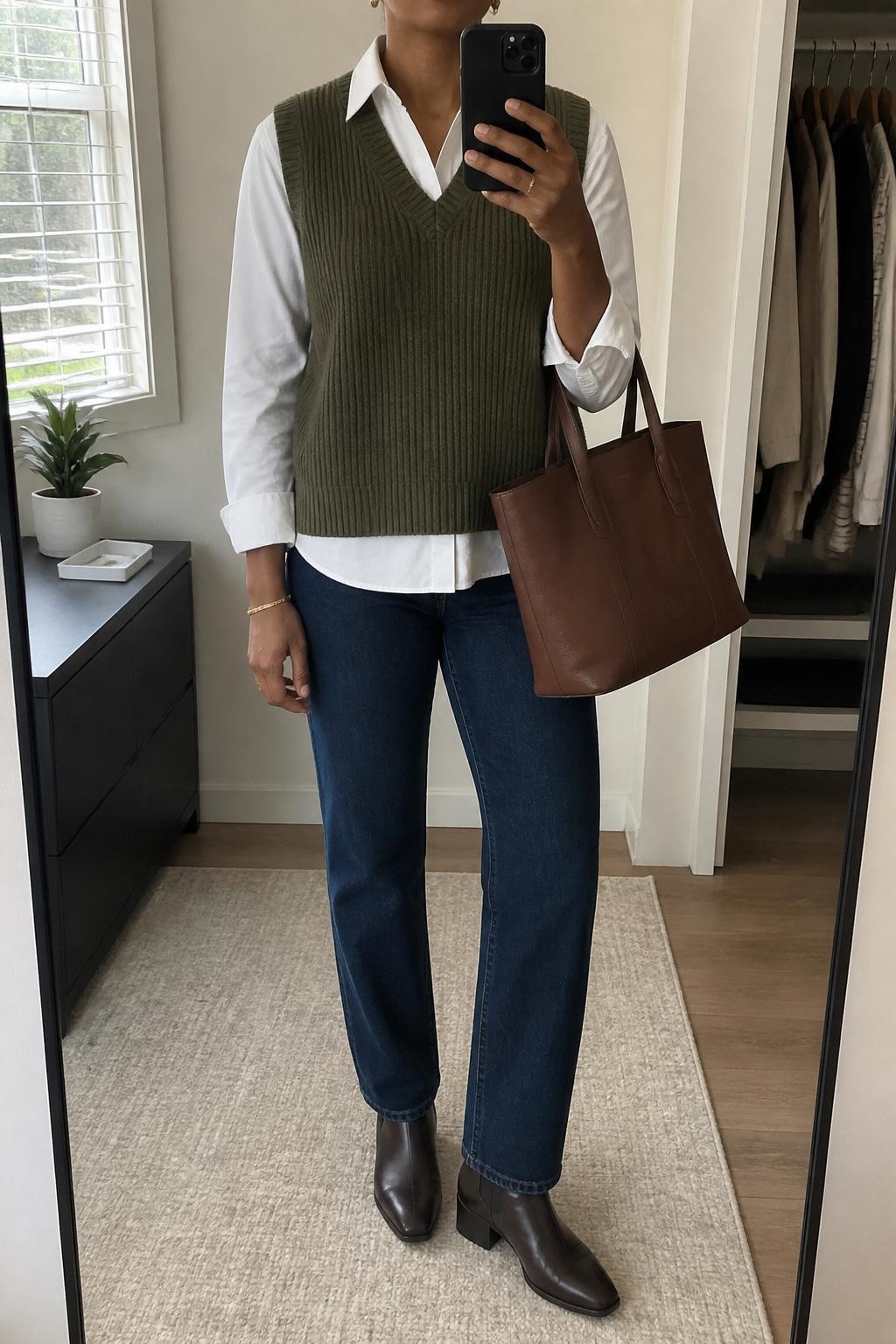 Mirror selfie of a Black woman wearing an olive knit sweater vest over a crisp white button-down shirt, dark blue straight-leg jeans, brown leather ankle boots, gold stud earrings, and a brown structured tote bag, holding a phone in front of a mirror, cropped at NECK so the face does not show, relaxed casual selfie pose, in a minimal dressing room, natural window light, with a small plant on a dresser and an open closet with clothes visible, latest iPhone photo quality.