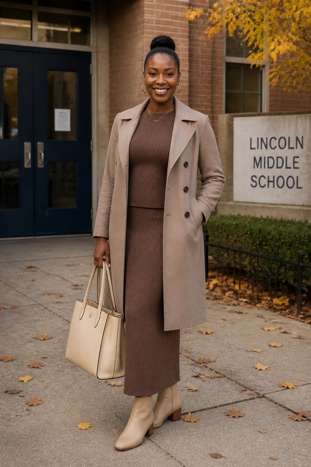 Realistic full-body DSLR fashion photo of a smiling Black female teacher wearing a taupe knee-length trench coat over a mocha ribbed knit top and matching ankle-length knit skirt, beige low-heel ankle boots, and a structured cream tote, standing outside a brick school entrance with a few golden leaves on the ground, soft morning fall light, exact outfit colors, textures, and pieces clearly visible, elegant professional pose.