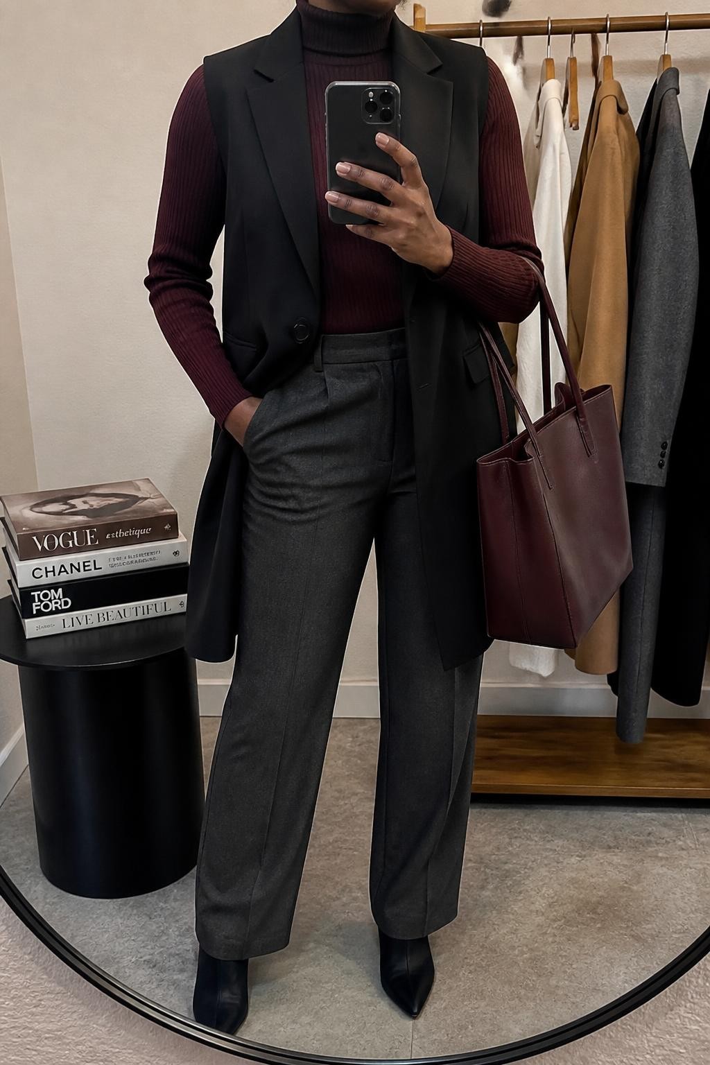 Mirror selfie of a Black woman wearing a longline black tailored vest over a fitted burgundy ribbed turtleneck, charcoal-grey straight-leg trousers, black pointed-toe ankle boots, and a structured oxblood tote bag, clearly showing the exact clothing items, colors, fabrics, and accessories listed, holding a phone in front of a minimal dressing room mirror, cropped at the neck so the face does not show, relaxed confident selfie pose, soft indoor lighting, a clothing rack with garments behind and a stack of fashion magazines on a side table, professional natural setting, latest iPhone photo quality.