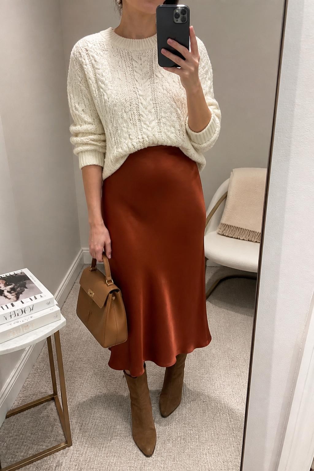 mirror selfie of a woman wearing the exact outfit described above, clearly showing a cream cable knit sweater tucked into a rust satin midi skirt, brown suede ankle boots, a tan top-handle bag, and pearl stud earrings, holding a phone in front of a mirror, cropped at NECK so the face does not show, with a relaxed casual selfie pose, in a minimal dressing room, soft indoor lighting, with a folded blanket on a chair and a stack of fashion magazines on a side table, latest iPhone photo quality.