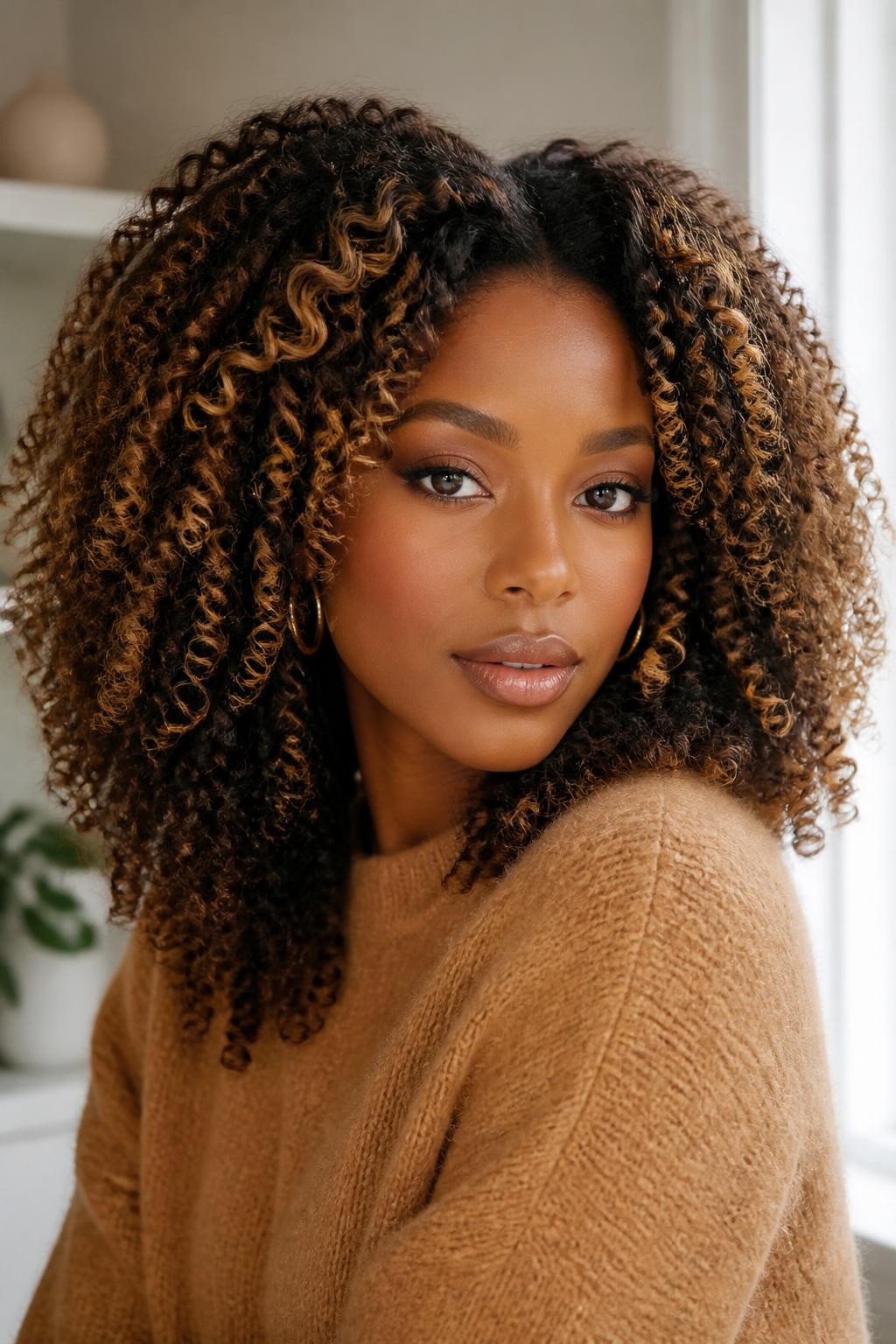 Image Prompt: A beautiful Black woman with dark brown curly hair and honey caramel highlights, highlighted pieces placed through the curls and around the face, springy defined texture, warm brown skin, soft bronzed makeup, gold hoops, camel sweater, bright indoor background with soft window light, realistic beauty editorial portrait, close-up detailed hair texture, no text, (no watermarks on images)