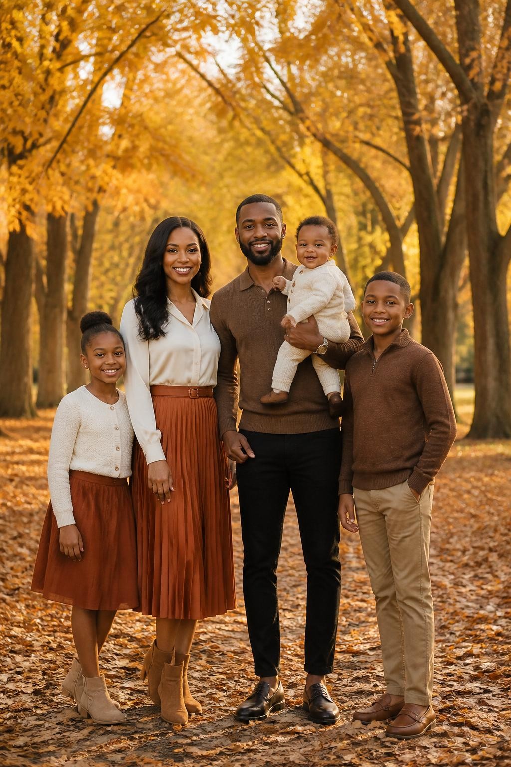 Realistic DSLR fall family portrait of a Black family of five standing under tall trees with orange leaves, mom wearing a cream blouse tucked into a rust pleated midi skirt with tan ankle boots, dad wearing a brown knit polo with black jeans and loafers, daughter wearing a cream cardigan with rust skirt, son wearing a brown sweater with tan pants, baby wearing a cream knit romper, warm golden hour light, elegant family photo style.