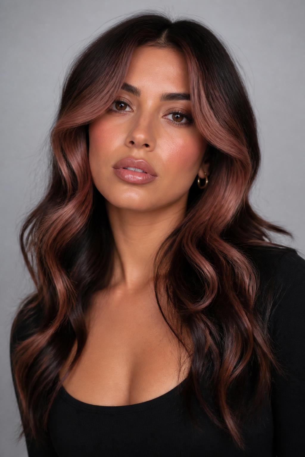 Image Prompt: A stylish woman with dark brunette wavy hair and rose brown money piece highlights, rich dark base with muted rosy-brown front sections framing the face, loose waves with shine, warm medium skin tone, glossy nude lips, subtle rosy makeup, small gold hoop earrings, fitted black top, clean neutral studio background, close-up beauty portrait, realistic DSLR photo, clear face-framing rose brown color detail, no text, (no watermarks on images)