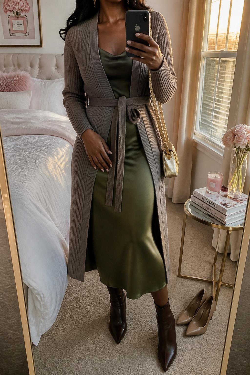 Mirror selfie of a Black woman wearing a taupe belted knit coatigan over a deep olive satin midi slip dress, clearly showing dark brown heeled ankle boots, a small gold chain shoulder bag, and delicate gold drop earrings, holding an iPhone in front of a feminine-themed bedroom mirror, cropped at the neck so the face does not show, relaxed casual selfie pose, evening golden hour light, a pair of heels on the floor nearby and a stack of fashion magazines on a side table, natural unstaged setting, latest iPhone photo quality.