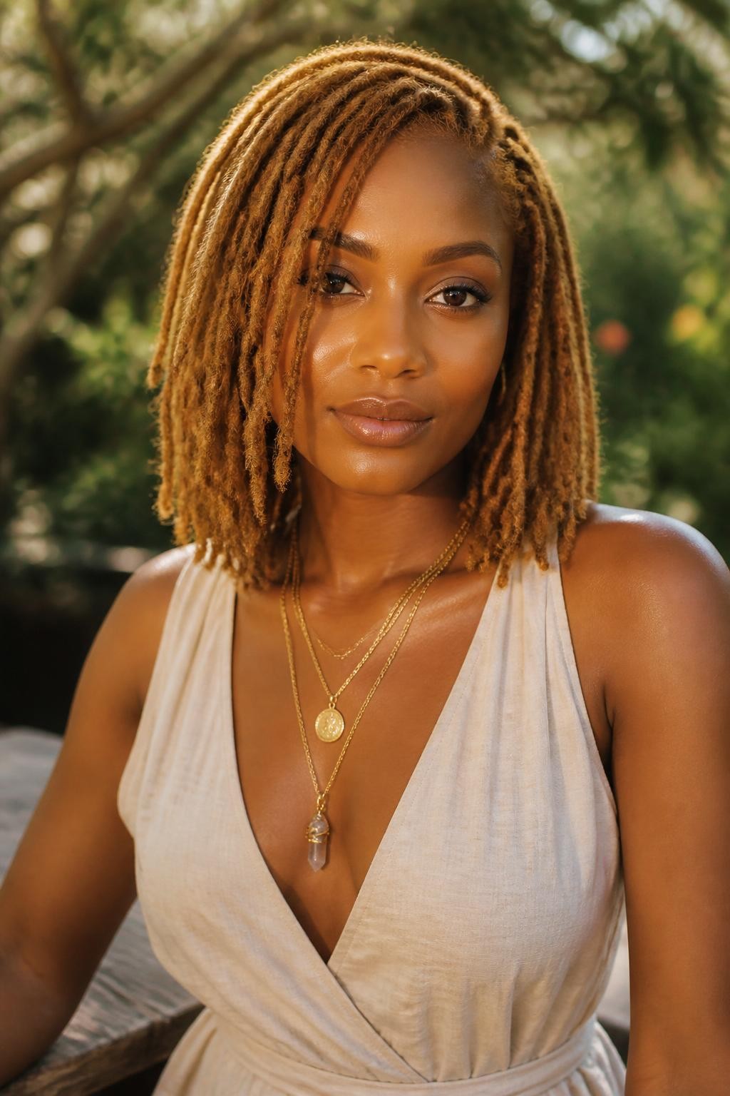 Image Prompt: A stunning woman with shoulder-length light golden brown locs, neatly maintained loc texture, warm golden brown color with soft shine, a few locs framing the face, deep brown skin, natural glowing makeup, layered gold necklaces, cream linen dress, outdoor natural setting with softly blurred greenery in the background, warm sunlight, realistic lifestyle editorial portrait, detailed loc texture and warm color, no text, (no watermarks on images)