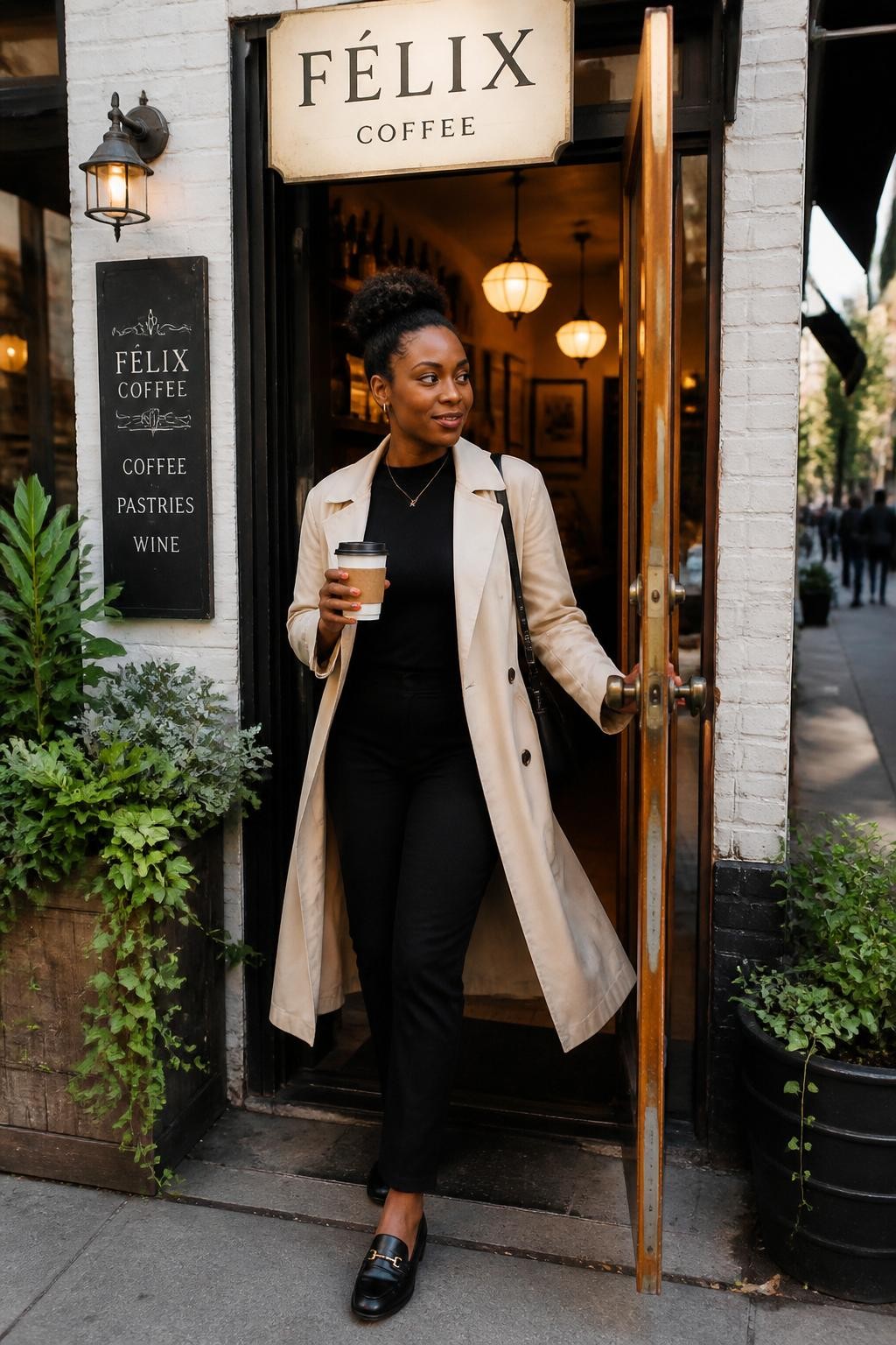 A street-style cafe photo of an adult Black woman with rich brown skin standing in the open doorway of a small cafe, wearing a long beige trench coat over a simple black outfit, holding a takeaway coffee cup in one hand and the door handle with the other, one foot stepping out onto the sidewalk, head turned back toward the warm cafe interior, soft smile, painted cafe sign above, plants by the entrance, morning light on the pavement, realistic coat movement, coffee sleeve detail, slightly busy street softly blurred, DSLR city lifestyle photography.