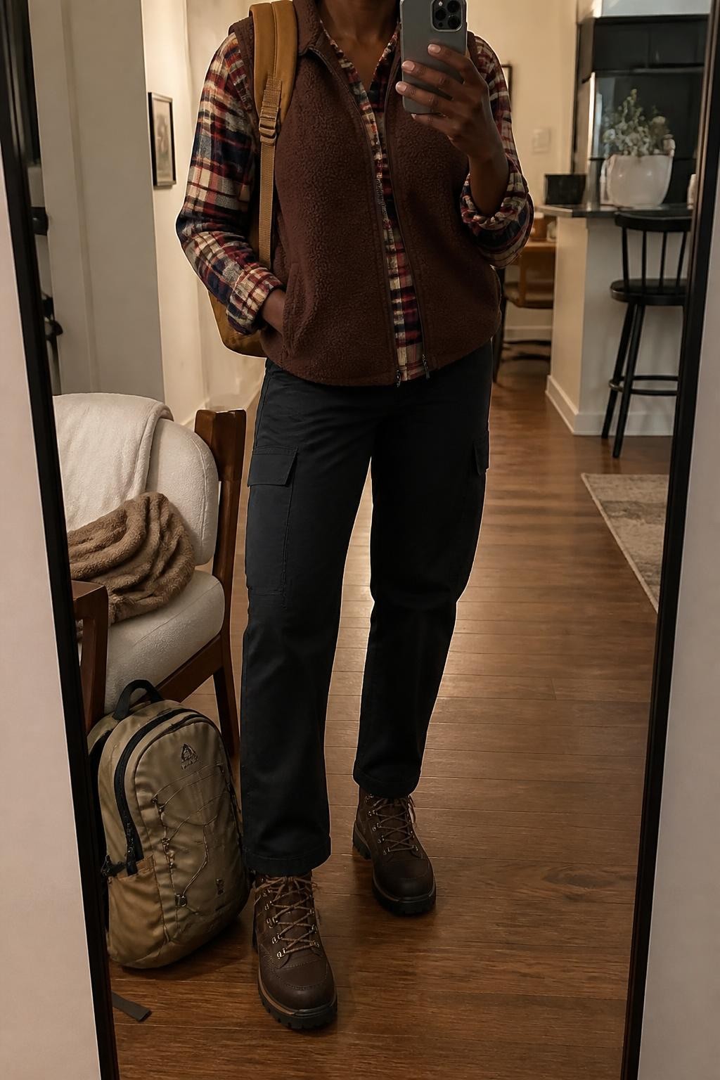 Mirror selfie of a Black woman wearing a chocolate-brown fleece vest over a red, cream, and navy plaid flannel shirt, black straight-leg utility pants, dark brown waterproof hiking boots, and a tan canvas backpack, clearly showing the exact clothing items, colors, fabrics, and accessories listed, holding a phone in front of a stylish city apartment mirror, cropped at the neck so the face does not show, relaxed casual selfie pose, warm moody lighting, a folded blanket on a chair and a backpack resting on the floor, realistic and uncluttered, latest iPhone photo quality.