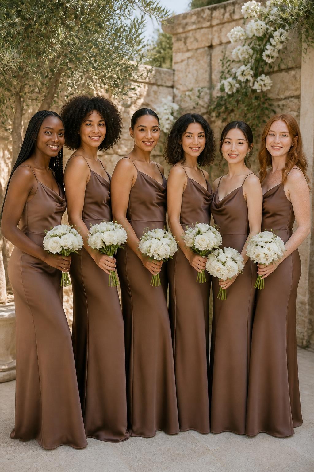 Realistic full-frame DSLR wedding photograph of six bridesmaids wearing floor-length mocha brown satin gowns with softly draped cowl necklines, thin adjustable straps, shaped waists, and fluid bias-cut skirts, women with deep ebony, rich brown, warm caramel, olive, East Asian light beige, and fair freckled skin tones, varied ages, heights, and body shapes, bright beautiful faces with distinct features, realistic skin texture, soft natural smiles, makeup suited individually to each complexion, hairstyles including knotless braids, a rounded afro, sleek low bun, shoulder-length curls, and brushed waves, standing in a sunlit courtyard with cream stone walls, white roses, olive trees, and warm afternoon light, believable satin highlights and natural folds, relaxed editorial wedding photography.