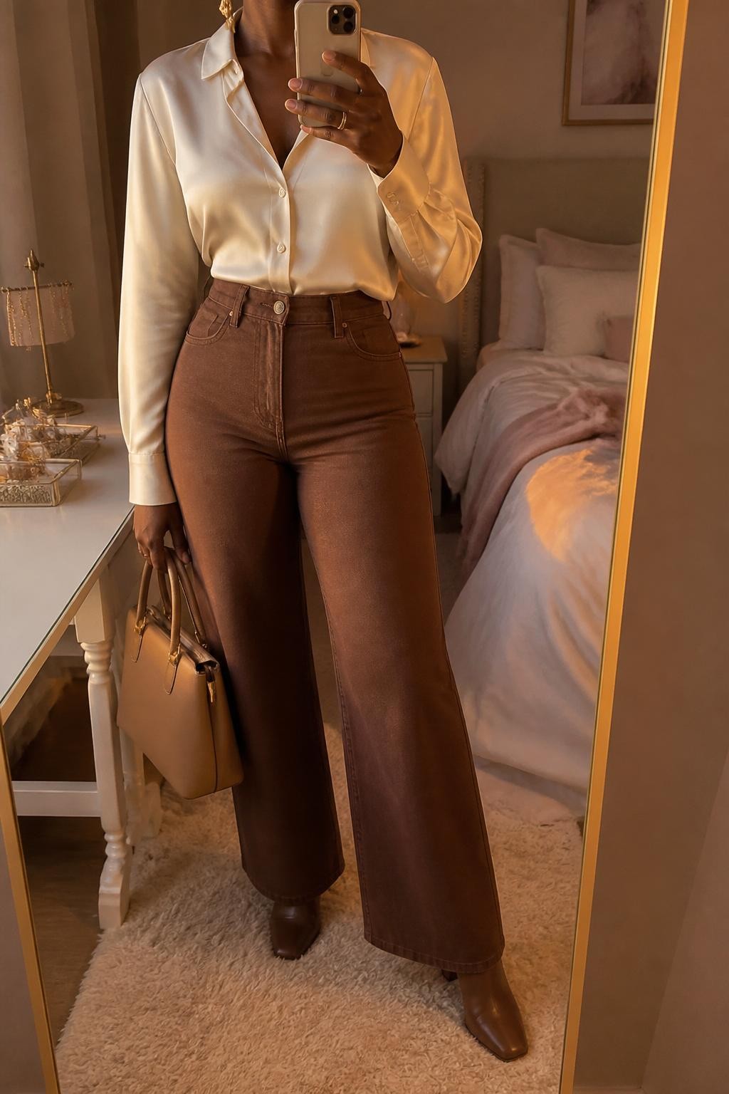 mirror selfie of a Black woman wearing the exact outfit described above, clearly showing brown wide-leg jeans, a cream satin blouse with long sleeves, chocolate block-heel ankle boots, a tan structured handbag, and gold drop earrings, holding a phone in front of a mirror, cropped at NECK so the face does not show, with a relaxed casual selfie pose, in a feminine-themed bedroom, evening golden hour, with a jewelry tray on the vanity and soft pillows on an unmade bed, latest iPhone photo quality.
