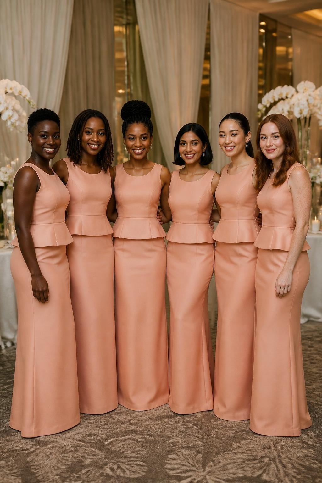 Realistic formal wedding portrait of six bridesmaids wearing coordinated peach two-piece formal sets, structured sleeveless peplum tops with softly curved necklines and clean seam work, paired with matching high-waisted floor-length column skirts, women with deep ebony, rich brown, reddish brown, South Asian olive, East Asian light beige, and fair freckled skin tones, naturally varied heights, waist shapes, and body proportions, bright poised faces with realistic skin texture and individually suited makeup, hairstyles including cropped coils, shoulder-length locs, braided bun, polished bob, sleek ponytail, and soft waves, standing inside a contemporary hotel ballroom with ivory curtains, mirrored walls, white orchids, and candlelit tables, warm controlled lighting revealing the matte fabric, realistic separation between tops and skirts, natural folds, and comfortable posture.