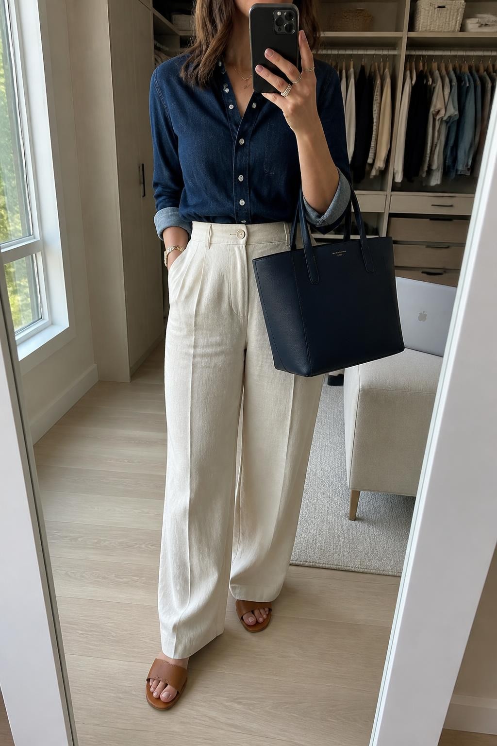 Mirror selfie of a woman wearing a dark indigo denim button-front shirt with sleeves rolled up, high-waisted cream linen-blend wide-leg trousers, cognac leather sandals, and a structured navy tote bag, clearly showing the exact clothing items, colors, fabrics, and accessories listed, holding a phone in front of a walk-in closet mirror, cropped at the neck so the face does not show, relaxed casual selfie pose, natural window light, an open closet with clothes visible and a laptop on a bench, believable everyday setting, latest iPhone photo quality.