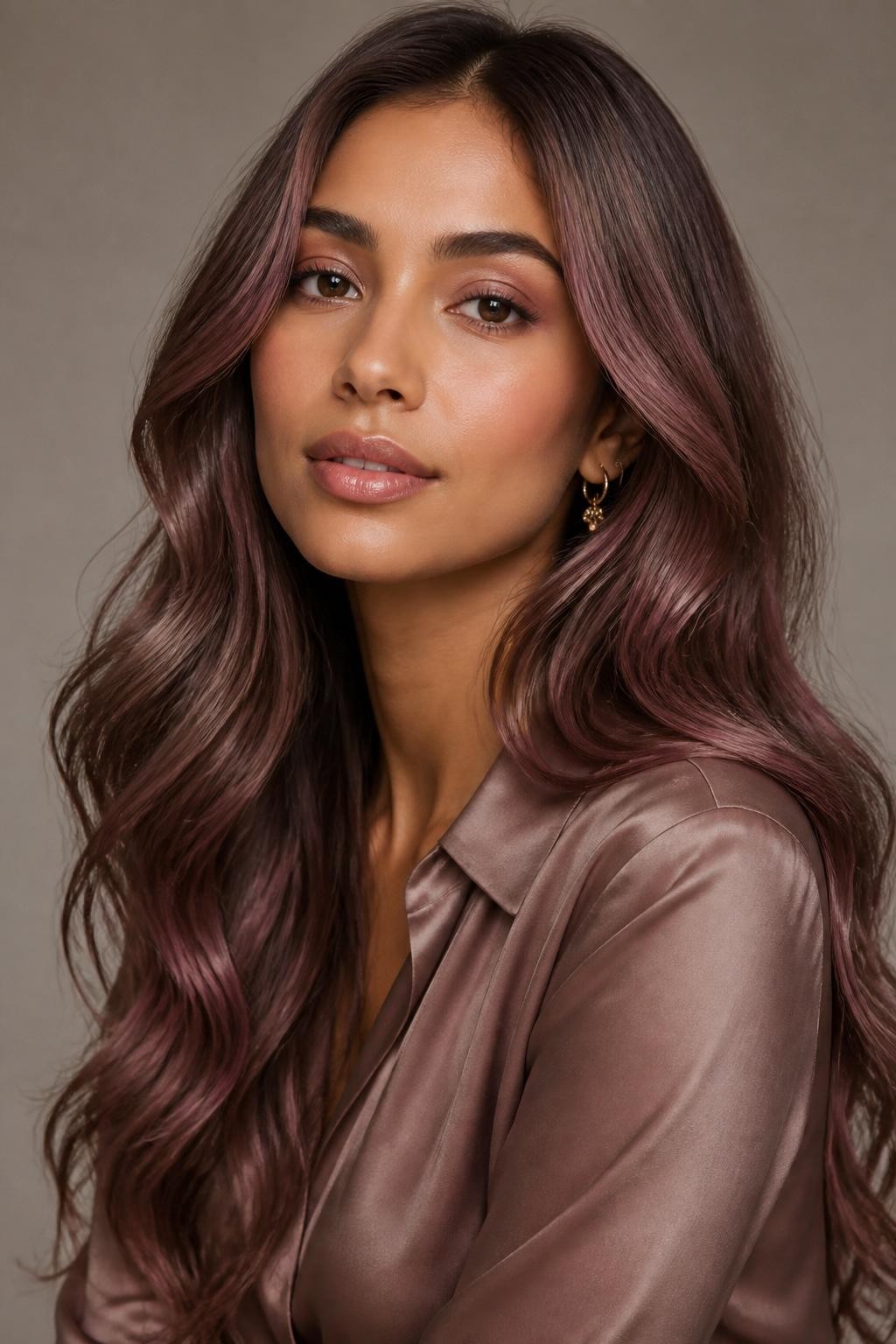 Image Prompt: A gorgeous woman with long mauve rose brown hair, brunette base with muted mauve-pink and soft rose undertones, loose polished waves, neutral medium skin tone, soft rose-toned makeup, glossy nude lips, delicate gold earrings, taupe satin blouse, clean studio background, soft diffused lighting, realistic DSLR beauty portrait, detailed mauve rose brunette shine, no text, (no watermarks on images)