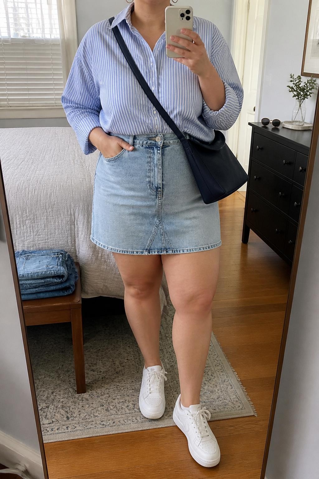 Mirror selfie of a plus size woman wearing a light-wash high-waisted A-line denim mini skirt, an oversized blue and white striped cotton button-down shirt tucked loosely at the front, white leather sneakers, a navy canvas crossbody bag, and small silver hoop earrings, clearly showing the exact clothing items, light denim, stripe pattern, colors, footwear, and accessories listed, holding a phone in front of a mirror, cropped at the neck so her face does not appear, relaxed casual selfie stance, in a cozy bedroom mirror setup with natural window light, folded denim jeans on a bench and sunglasses placed on a dresser, realistic spring outfit, latest iPhone photo quality.