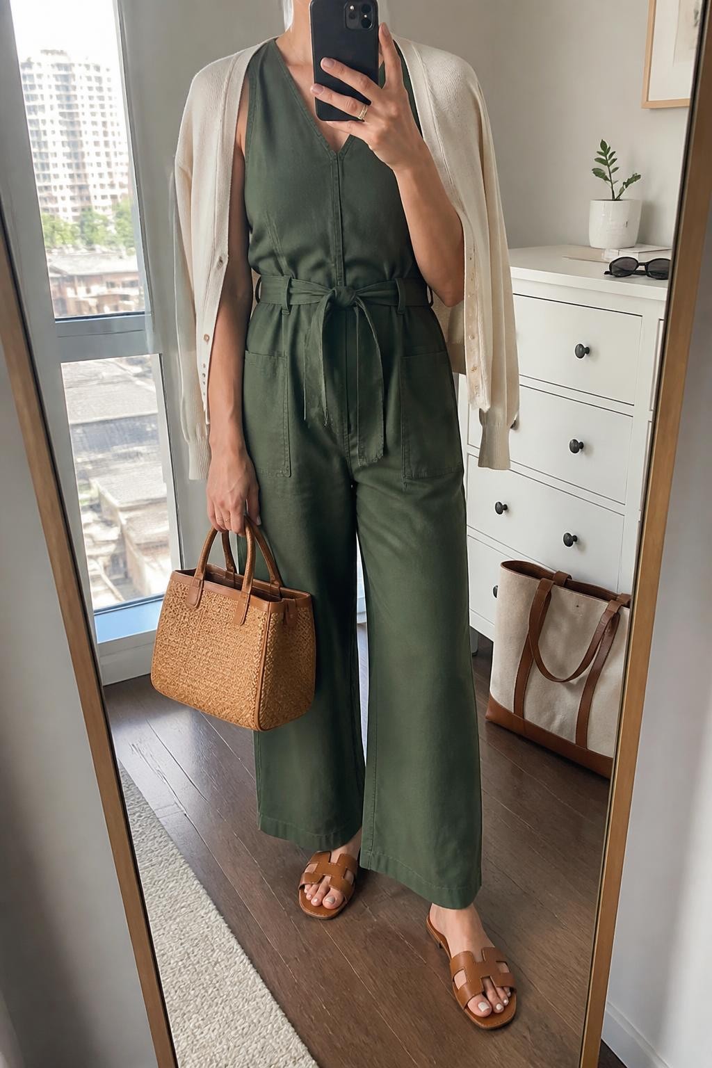 Mirror selfie of a woman wearing a forest-green sleeveless wide-leg utility jumpsuit with a defined waist, lightweight cream cardigan draped over the shoulders, tan leather flat sandals, and a structured tan woven handbag, clearly showing the exact clothing items, colors, fabrics, and accessories listed, holding a phone in front of a stylish city apartment mirror, cropped at the neck so the face does not show, relaxed casual selfie pose, natural window light, sunglasses placed on a dresser and a tote bag resting on the floor, natural and uncluttered, latest iPhone photo quality.