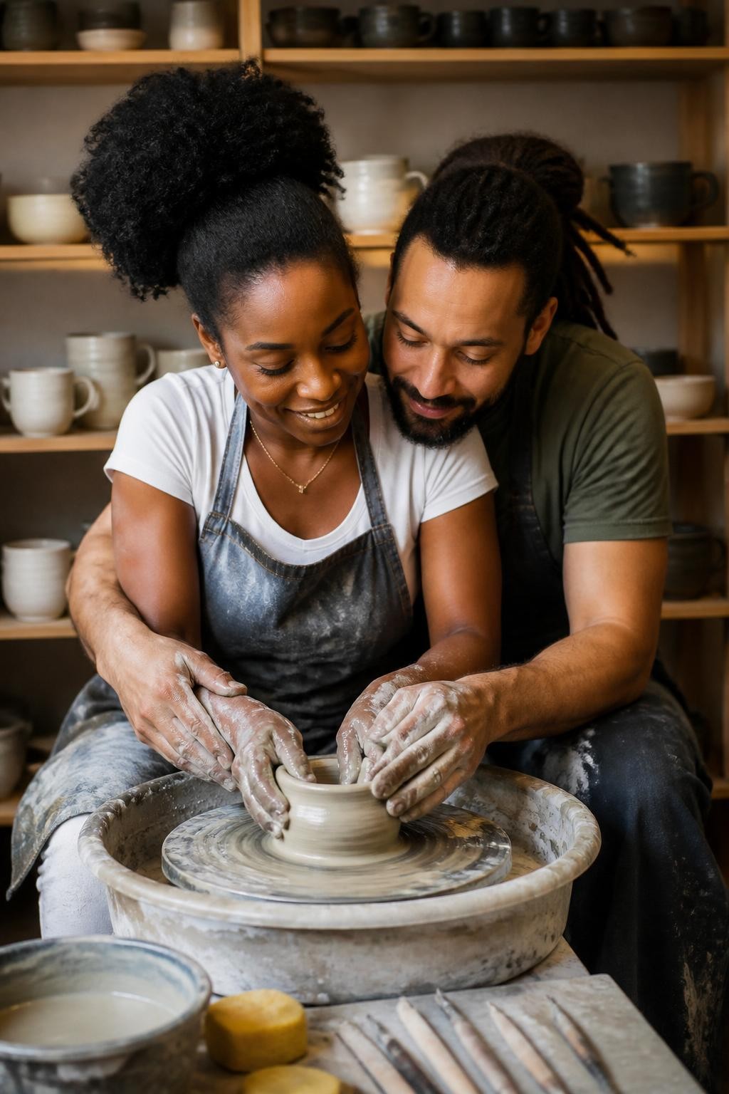 Image prompt: A warm creative studio DSLR photo of an adult couple at a pottery wheel, featuring a Black woman with rich brown skin wearing a clay-stained apron over a fitted white tee, seated at the wheel while her partner sits close behind her, both hands gently guiding the same piece of wet clay, their forearms lightly touching, both looking down at the clay with soft smiles, shelves of handmade mugs in the background, clay tools, sponge, water bowl, natural studio light, realistic clay texture on fingers, human candid couple workshop photography.