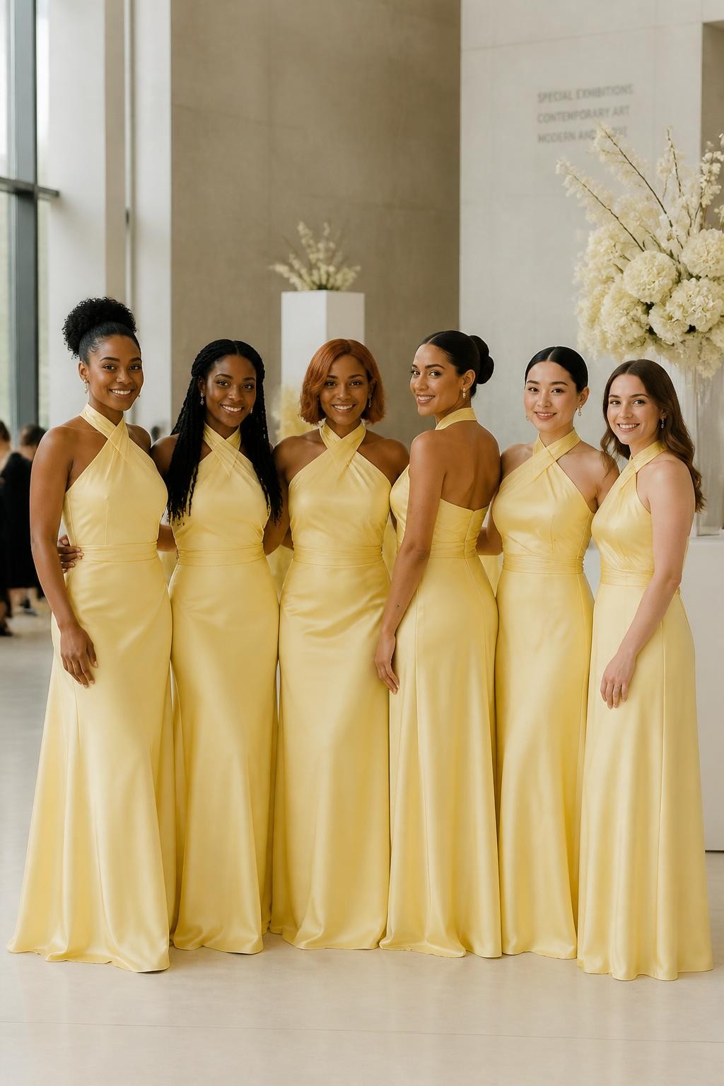Realistic contemporary wedding photograph of six bridesmaids wearing warm butter yellow satin gowns with sculpted twisted-halter necklines, soft folds wrapping naturally around the neck, open upper backs, lightly gathered waists, and fluid floor-length skirts, women with deep blue-black, dark warm brown, copper, golden olive, East Asian fair, and pale rosy complexions, varied shoulder widths, torso lengths, ages, and body shapes represented realistically, bright confident faces with distinct features and subtle makeup, hairstyles including a high curly puff, long twists, polished side-part bob, sculptural bun, sleek ponytail, and brushed waves, standing inside a modern art museum with pale concrete walls, limestone floors, tall windows, and minimal ivory floral installations, directional daylight revealing the creamy yellow undertone, natural satin creasing, believable posture and relaxed group spacing.