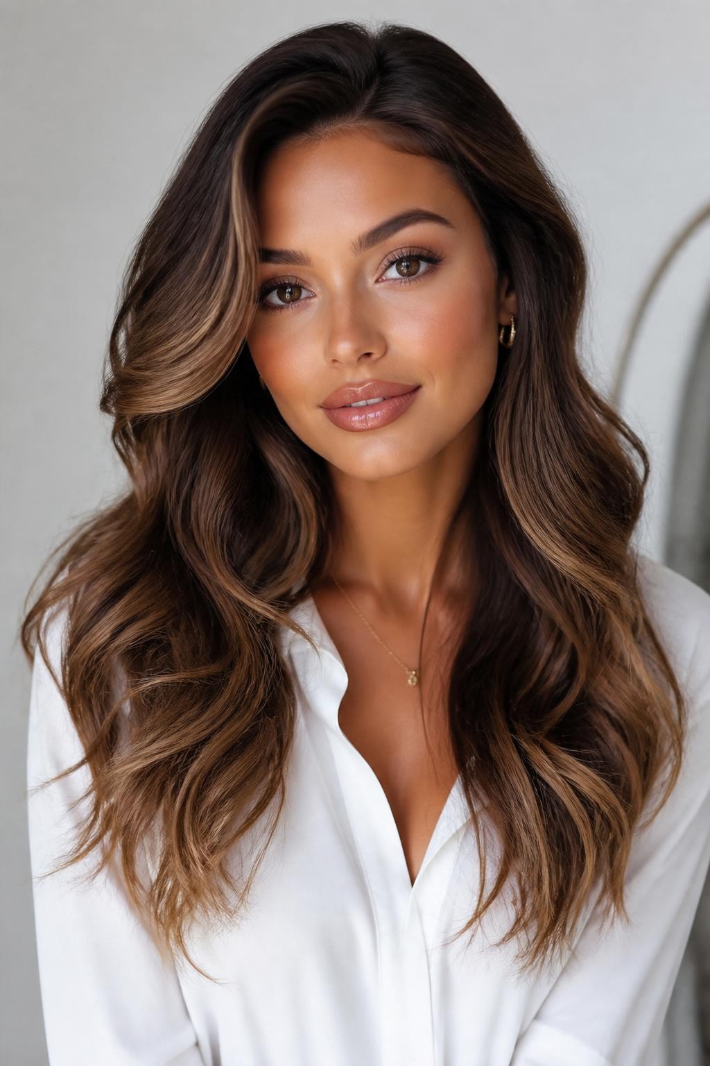 Image Prompt: A beautiful woman with dark brunette hair and beige brown teddy bear highlights, rich brown base with soft beige-brown pieces placed around the face and through the lower layers, loose glossy waves, warm tan skin tone, soft bronzed makeup, glossy lips, small gold jewelry, white blouse, clean bright studio background, soft flattering lighting, realistic DSLR beauty portrait, detailed soft highlight contrast, no text, (no watermarks on images)
