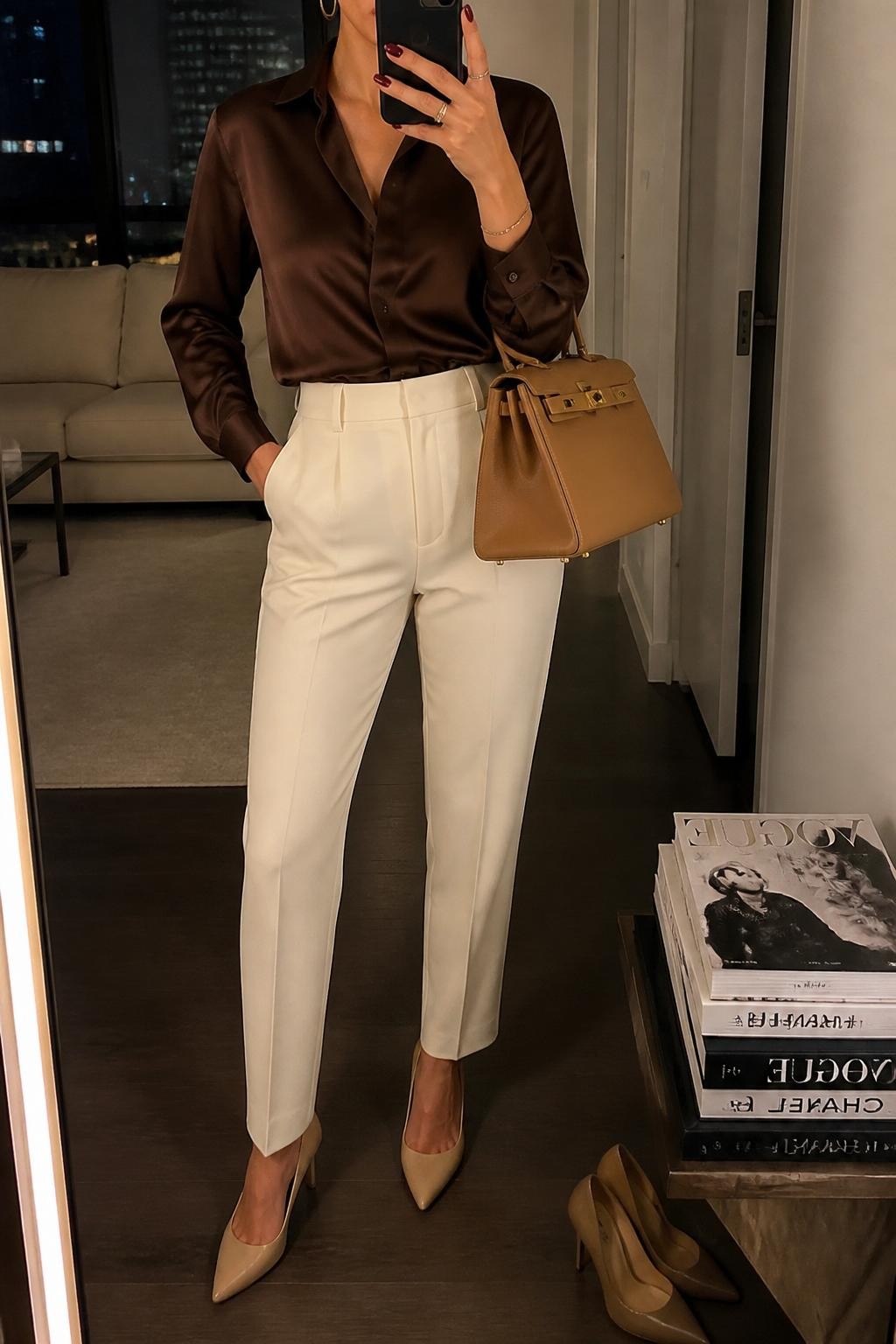 mirror selfie of a woman wearing the exact outfit described above, clearly showing a chocolate brown satin blouse with long sleeves tucked into cream high-waisted tailored trousers, nude pointed heels, a warm tan structured handbag, and small gold hoop earrings, holding a phone in front of a mirror, cropped at NECK so the face does not show, with a relaxed casual selfie pose, in a stylish city apartment, warm moody lighting, with a stack of fashion magazines on a side table and a pair of heels on the floor nearby, latest iPhone photo quality.