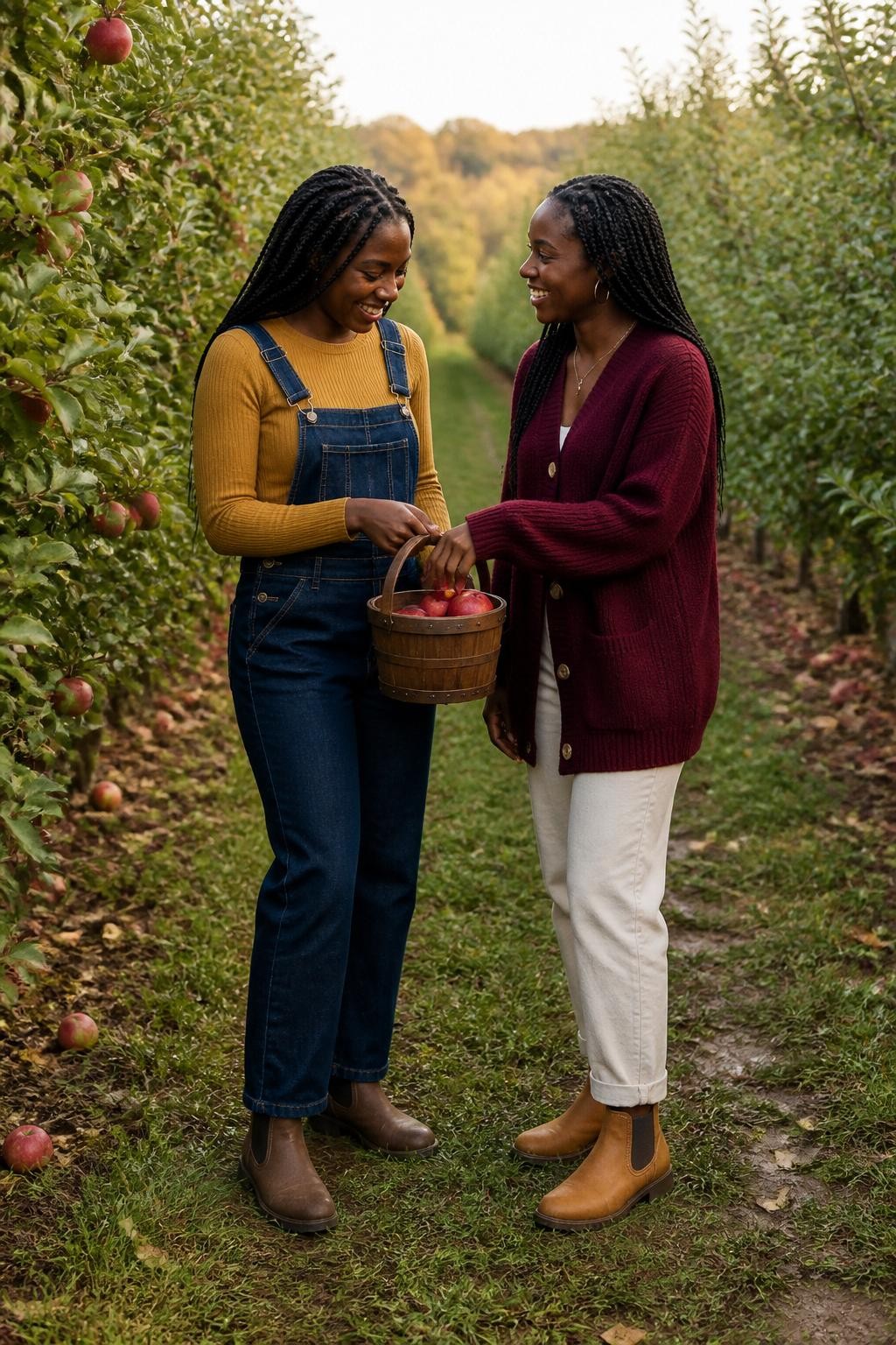 Image Prompt: Two Black female best friends standing between natural rows of apple trees at a working orchard, one holding a small wooden basket with only a few red apples while the other reaches inside to take one, both caught smiling at each other, one friend wearing dark denim overalls over a mustard ribbed top with brown boots, the other wearing a burgundy cardigan, cream trousers, and tan ankle boots, slightly muddy grass, fallen apples, and mixed green and amber foliage visible around them, soft morning light, photographed with a DSLR 35mm lens at natural waist height, realistic apple sizes, detailed dark skin tones, natural hand positions, authentic farm textures, no overflowing decorative basket, no spotless orchard ground.