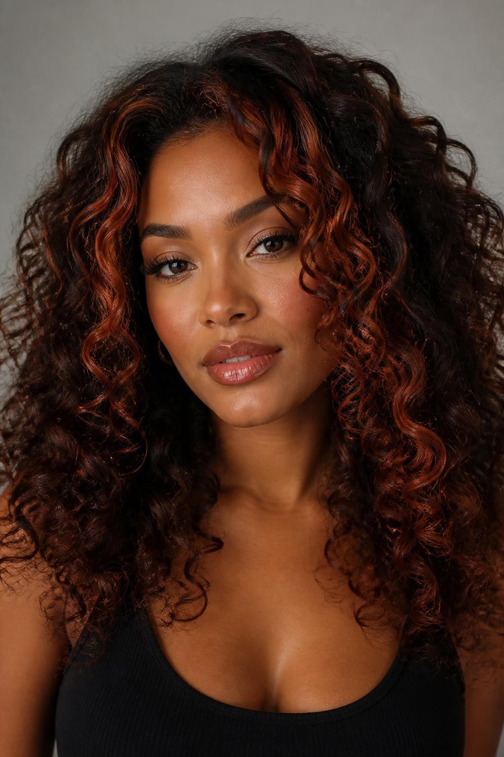 Image Prompt: A stylish woman with dark curly hair and red copper money piece highlights framing the face, dark brown base with warm copper-red front sections, defined curls with shine, warm deep skin tone, glossy nude lips, subtle bronzed makeup, fitted black top, clean neutral studio background, close-up beauty portrait, realistic DSLR photo, focus on face-framing red copper color, no text, (no watermarks on images)