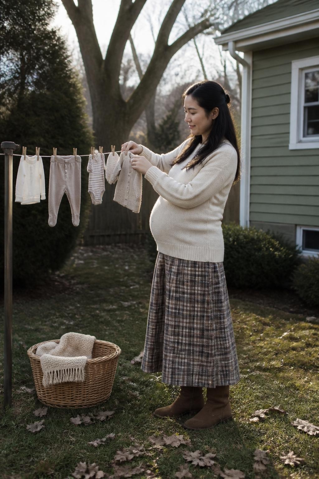 Image Prompt: A pregnant East Asian woman standing beside a short backyard clothesline holding several neutral baby garments with wooden clothespins, wearing a cream maternity sweater, long plaid skirt, and brown flat boots, gently clipping one tiny knitted cardigan to the line while looking at it with a soft smile, only five baby items spaced naturally across the line, modest house exterior, mature trees, and fallen leaves behind her, wicker laundry basket with a folded blanket resting on the grass, clear cool morning light, photographed with a DSLR 50mm lens from a slight side angle, realistic clothing sizes, natural hand position, believable backyard setting, no decorative laundry overload, no spotless staged garden.