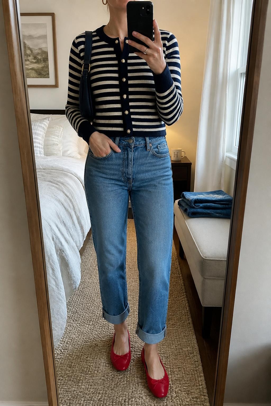 mirror selfie of a woman wearing the exact outfit described above, clearly showing vintage blue cuffed straight-leg jeans, a navy and cream striped button-front cardigan, red ballet flats, a navy leather shoulder bag, and gold huggie earrings, holding a phone in front of a mirror, cropped at NECK so the face does not show, with a relaxed casual selfie pose, in a cozy bedroom mirror setup, natural window light, with a coffee mug on a bedside table and folded denim jeans on a bench, latest iPhone photo quality.