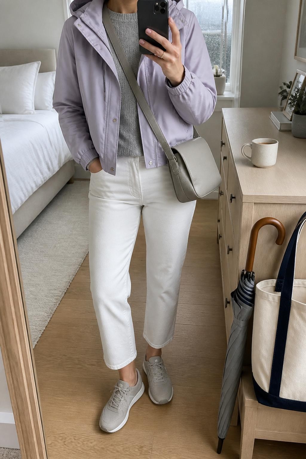mirror selfie of a woman wearing the exact outfit described above, clearly showing a lavender cropped rain jacket layered over a soft gray crewneck sweater, white cropped straight-leg jeans, light gray waterproof sneakers, a silver-gray crossbody bag, and small pearl stud earrings, holding a phone in front of a mirror, cropped at NECK so the face does not show, with a relaxed casual selfie pose, in a bright bedroom mirror setup, soft rainy daylight, with a coffee mug on a dresser and a compact umbrella beside a tote bag, latest iPhone photo quality.