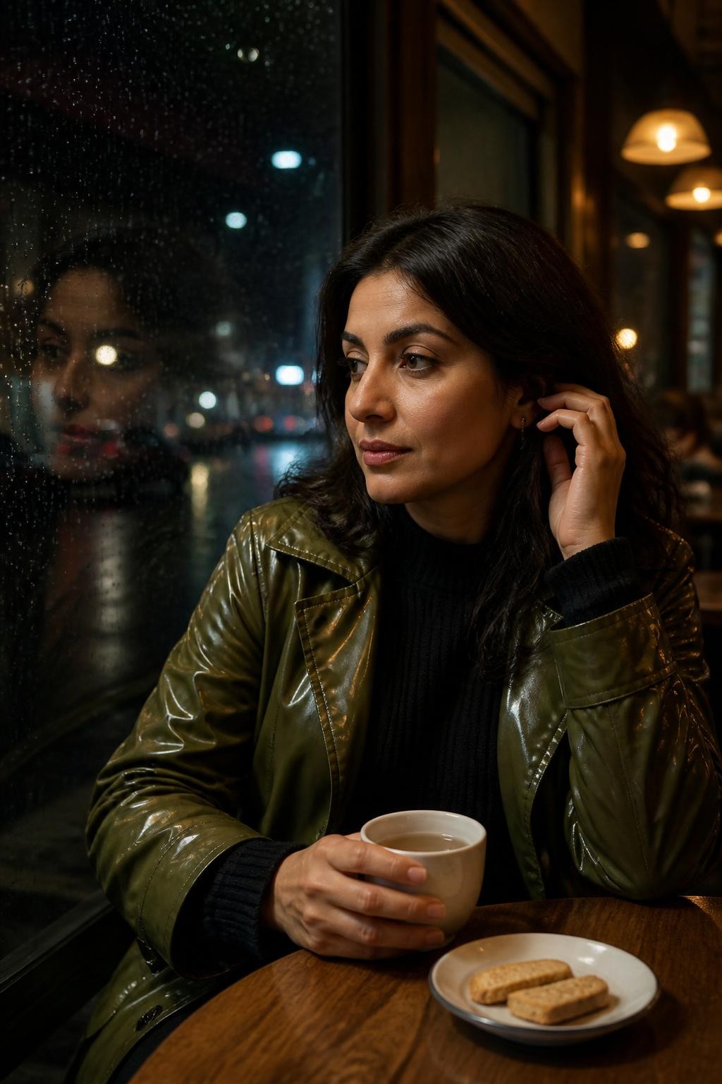 A moody cafe photo of an adult woman with olive skin sitting beside a large window at night, wearing a glossy olive raincoat over a black knit top, her reflection visible in the glass beside blurred street lights, one hand wrapped around a hot tea cup, the other hand brushing hair behind her ear, raindrops on the window, warm cafe lights behind her, small plate with biscotti, wooden table, realistic glass reflection, calm rainy evening mood, DSLR low-light lifestyle photography, natural face expression.