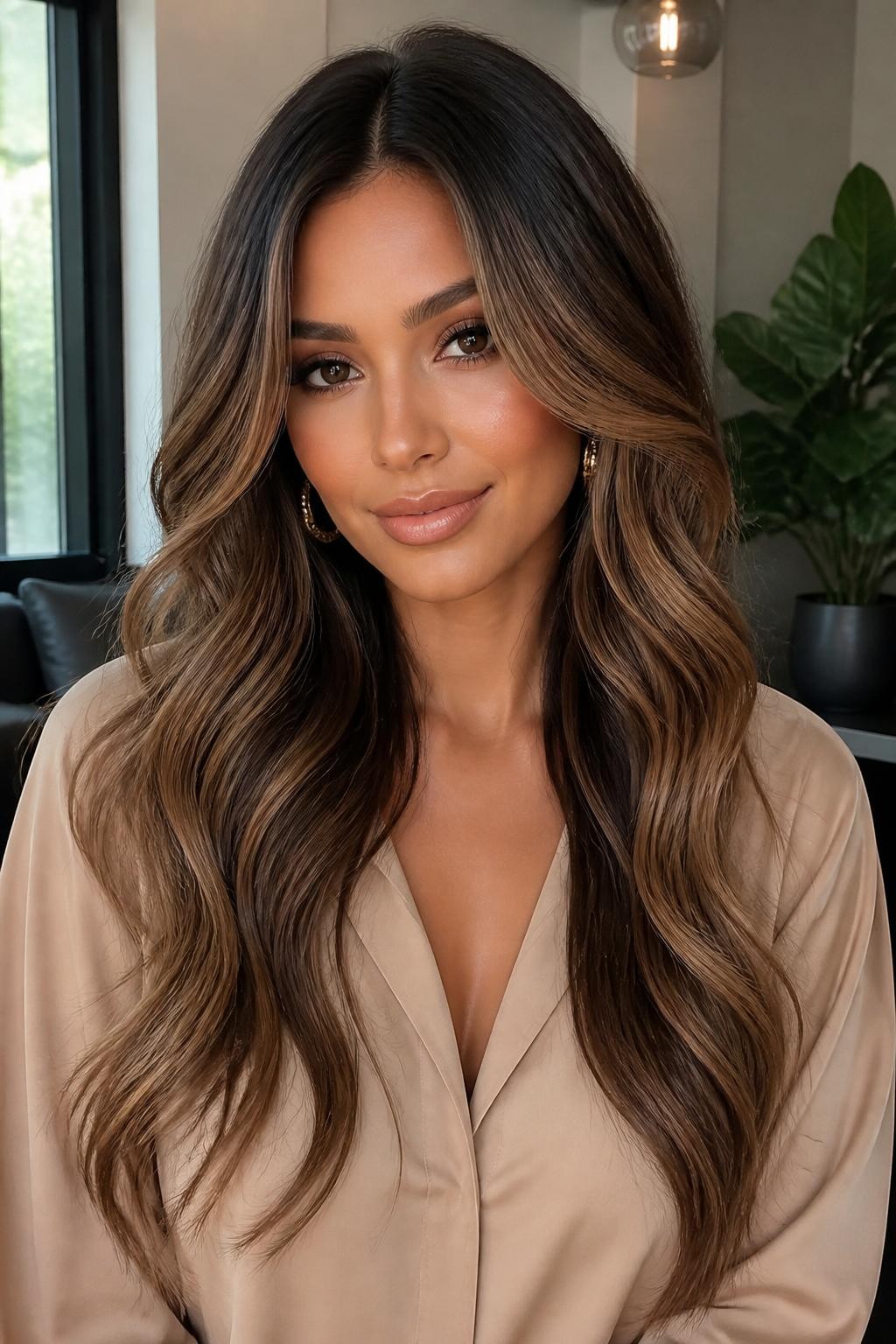 Image Prompt: A stylish woman with long dark brown hair and milk brown balayage, deep brunette roots with hand-painted creamy milk brown pieces through the mid-lengths and ends, soft loose waves, warm medium skin tone, natural glam makeup, nude glossy lips, gold earrings, beige blouse, modern indoor background, soft window light, realistic beauty editorial portrait, smooth blended brown color placement, no text, (no watermarks on images)