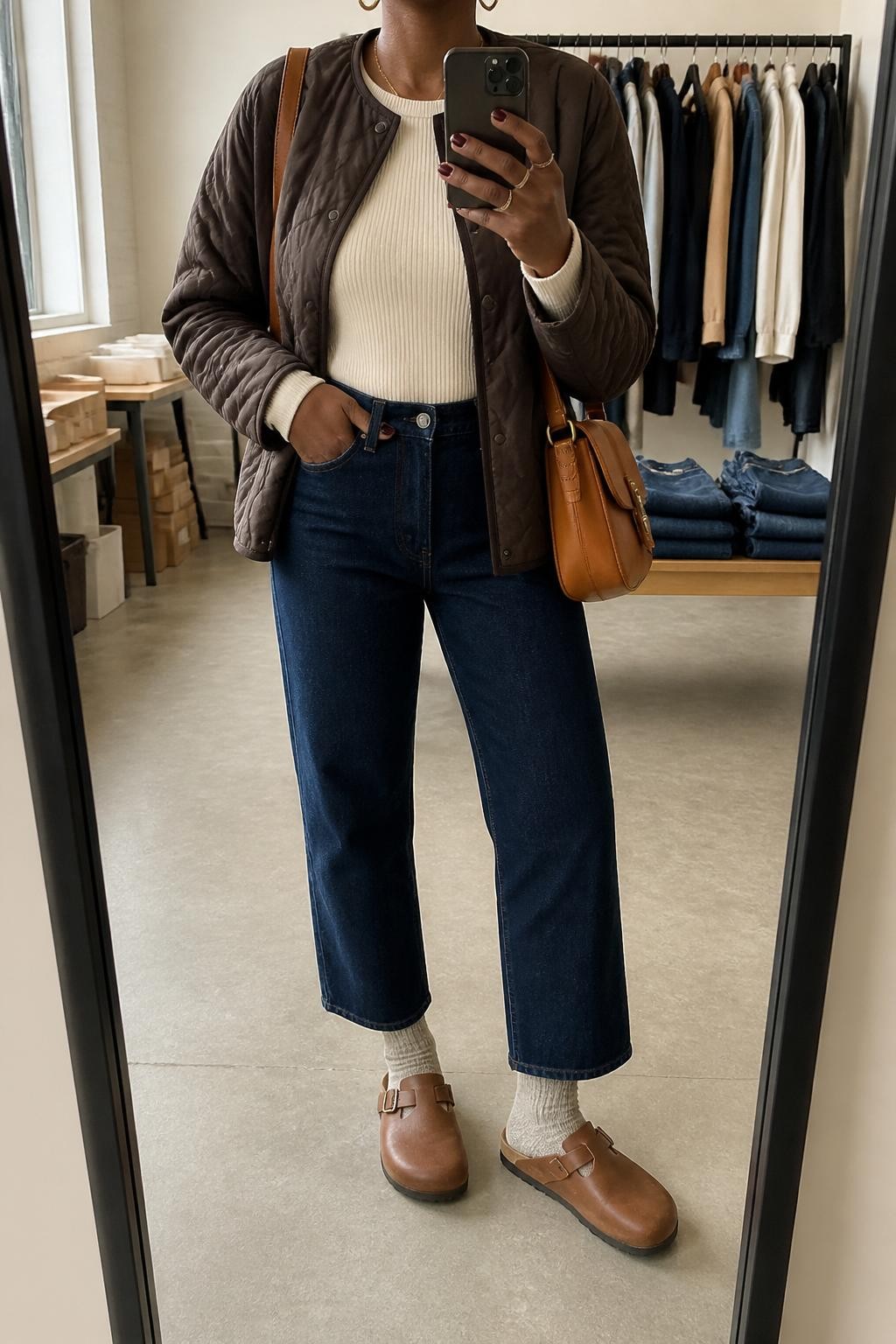 mirror selfie of a Black woman wearing the exact outfit described above, clearly showing cognac leather Birkenstock-style clogs with oatmeal socks, dark blue cropped straight-leg jeans, a cream ribbed long-sleeve top, a chocolate brown quilted jacket, a tan leather satchel, and small gold hoop earrings, holding a phone in front of a mirror, cropped at NECK so the face does not show, with a relaxed casual selfie pose, in a fashion studio mirror corner, soft indoor lighting, with clothing rack with garments behind and folded denim jeans on a bench, latest iPhone photo quality.