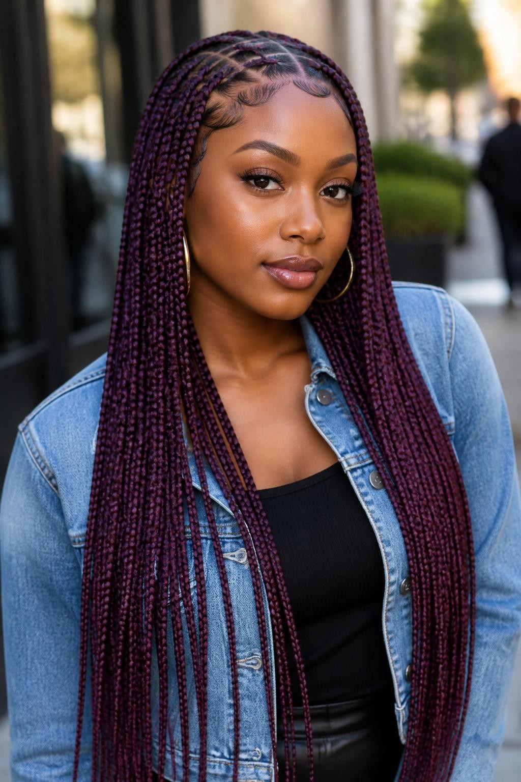 Image Prompt: A fashionable woman wearing waist-length berry plum box braids, neat square parts, smooth finished braids with dark berry-purple shine, softly styled baby hairs, medium-deep brown skin, glossy lips, gold hoop earrings, denim jacket over a black top, outdoor city background softly blurred, natural daylight, realistic lifestyle beauty portrait, detailed braid texture and neat scalp parts, no text, (no watermarks on images)