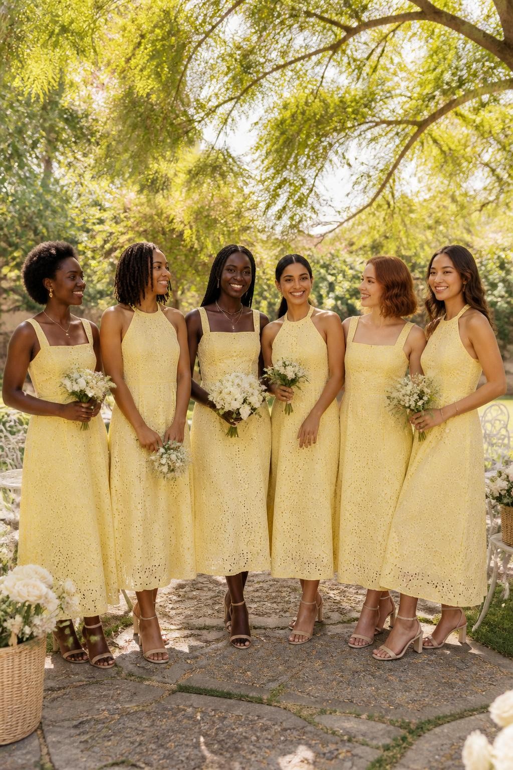 Realistic summer garden wedding photograph of six bridesmaids wearing butter yellow broderie anglaise midi dresses with detailed floral cutwork, opaque matching cotton linings, softly fitted square and halter necklines, defined waists, and gently flared skirts ending near the lower calf, women with deep ebony, rich brown, reddish brown, golden tan, South Asian olive, and fair freckled skin tones, naturally varied ages, heights, and body shapes, bright beautiful faces with relaxed smiles, realistic skin texture and light summer makeup, hairstyles including natural coils, shoulder-length locs, long braids, sleek bun, short bob, and loose waves, standing in a sunny country garden with white bistro chairs, flowering trees, stone paths, and baskets of ivory flowers, soft filtered sunlight revealing the embroidered cutwork, realistic cotton texture, neatly finished eyelets, elegant low heels, and believable body proportions.