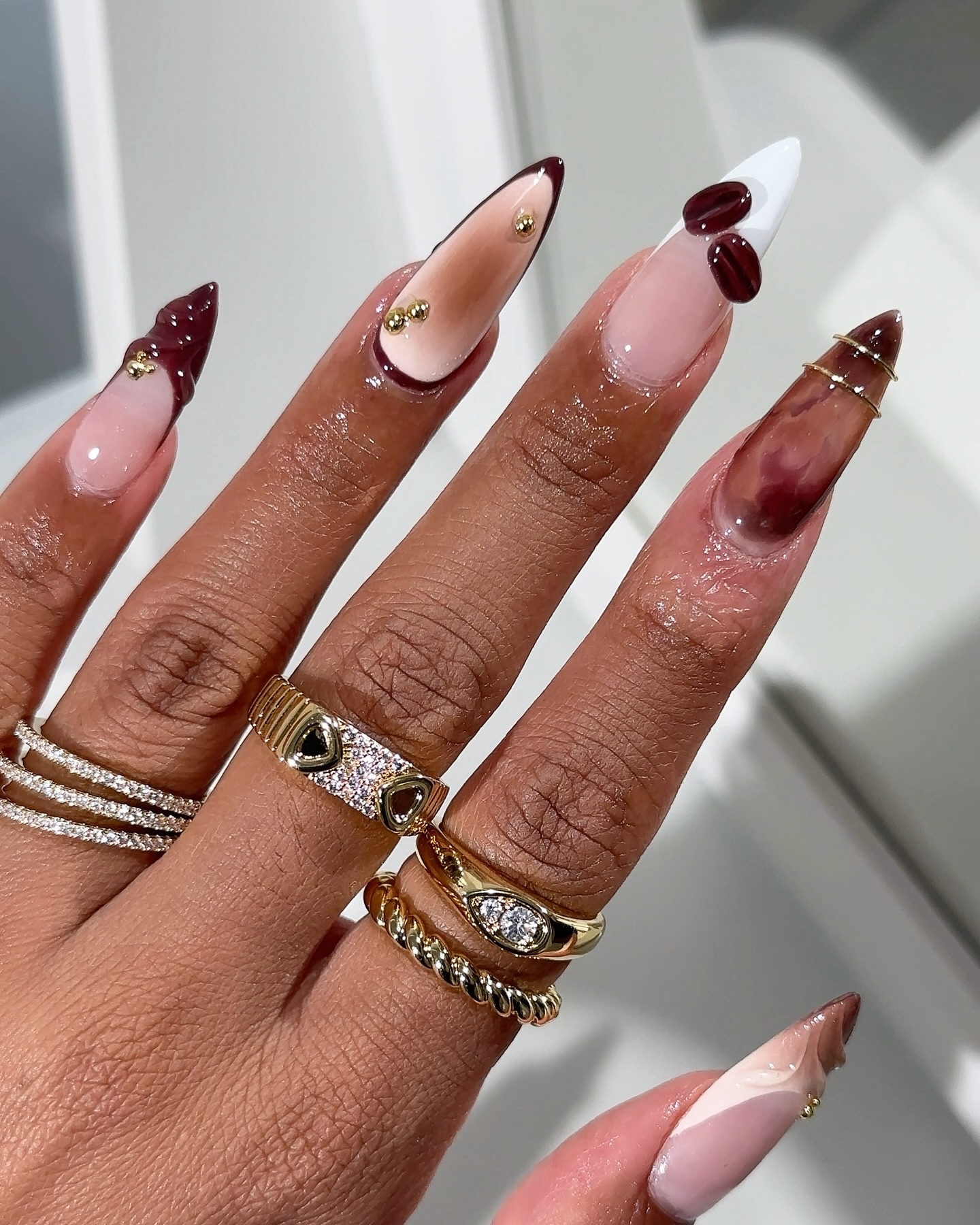 3D Marble Nails with Coffee Bean Design
