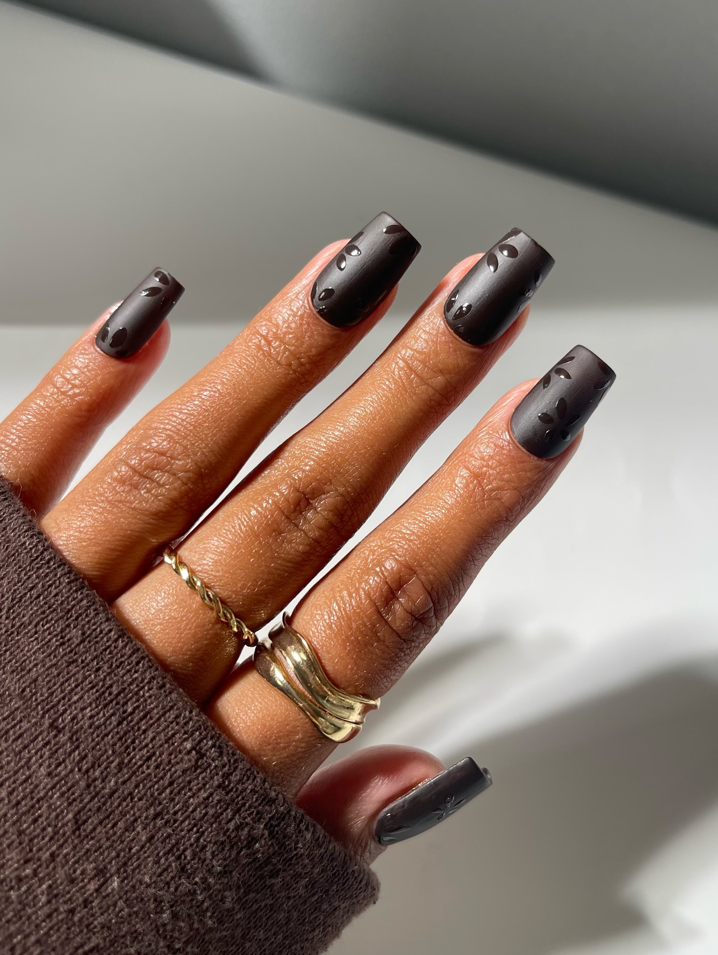 Black Glossy Matte Nails with Flower